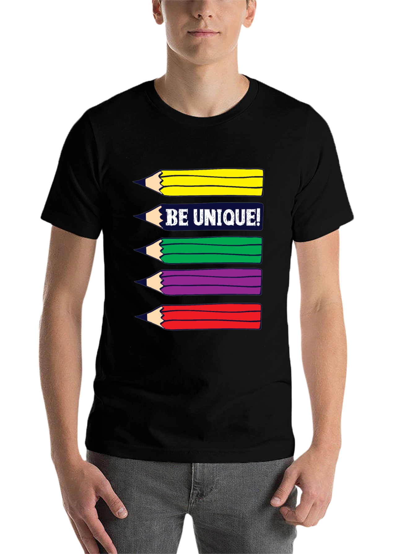 Black Be Unique! Colorful Pencils Graphic T-Shirt view 7