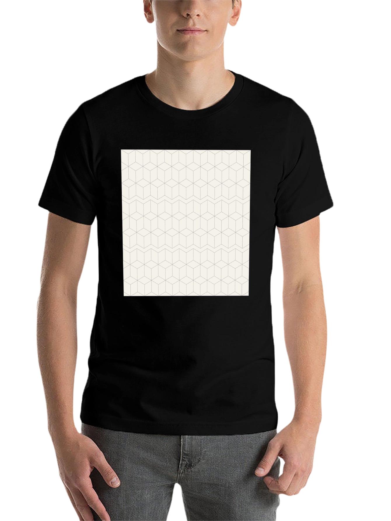 Black Geometric Cube Pattern Black T-Shirt view 7