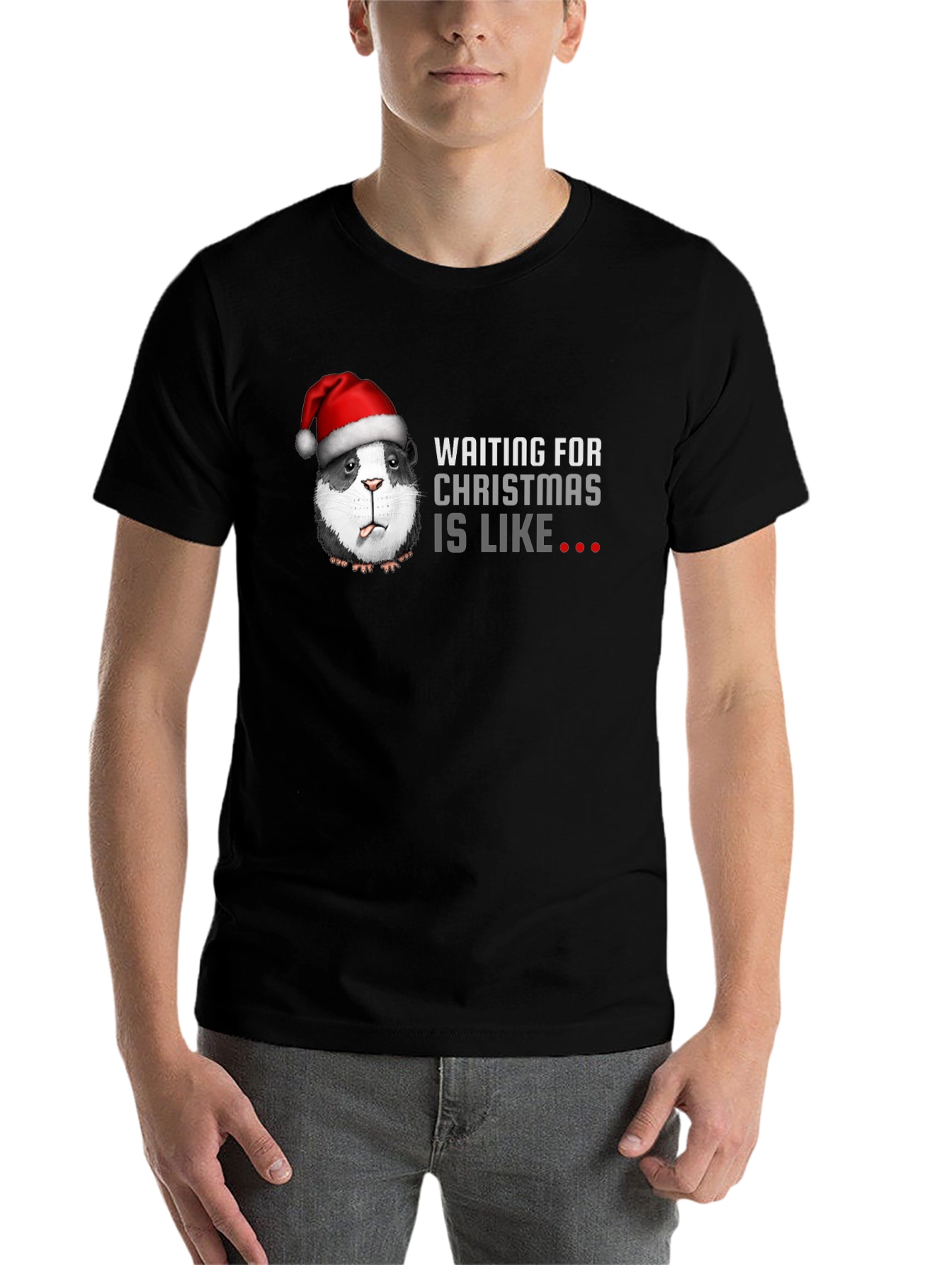 Black Waiting For Christmas Guinea Pig Santa T-Shirt view 7