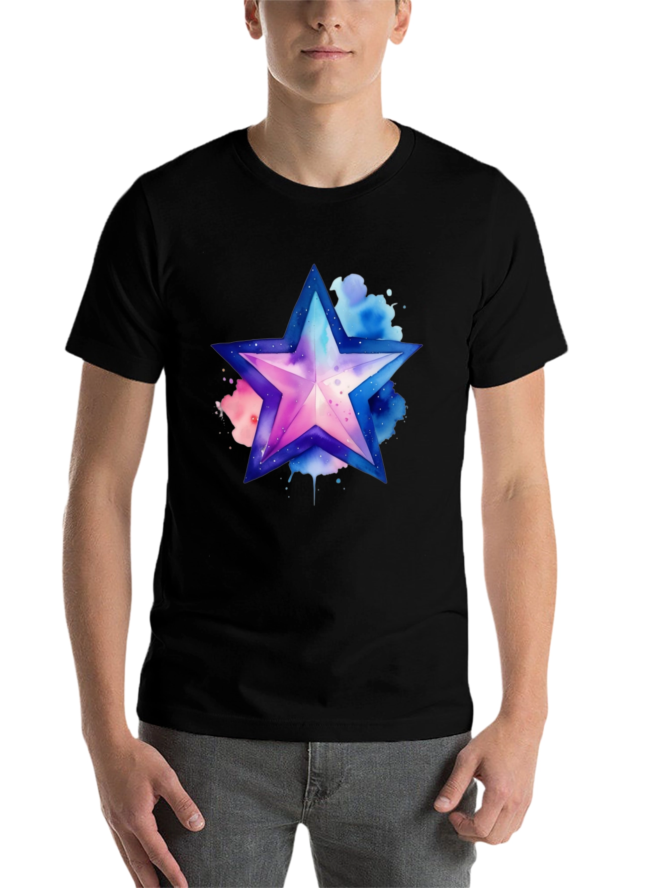 Black Watercolor Star Graphic Tee - Stylish Men's Black T-Shirt view 7