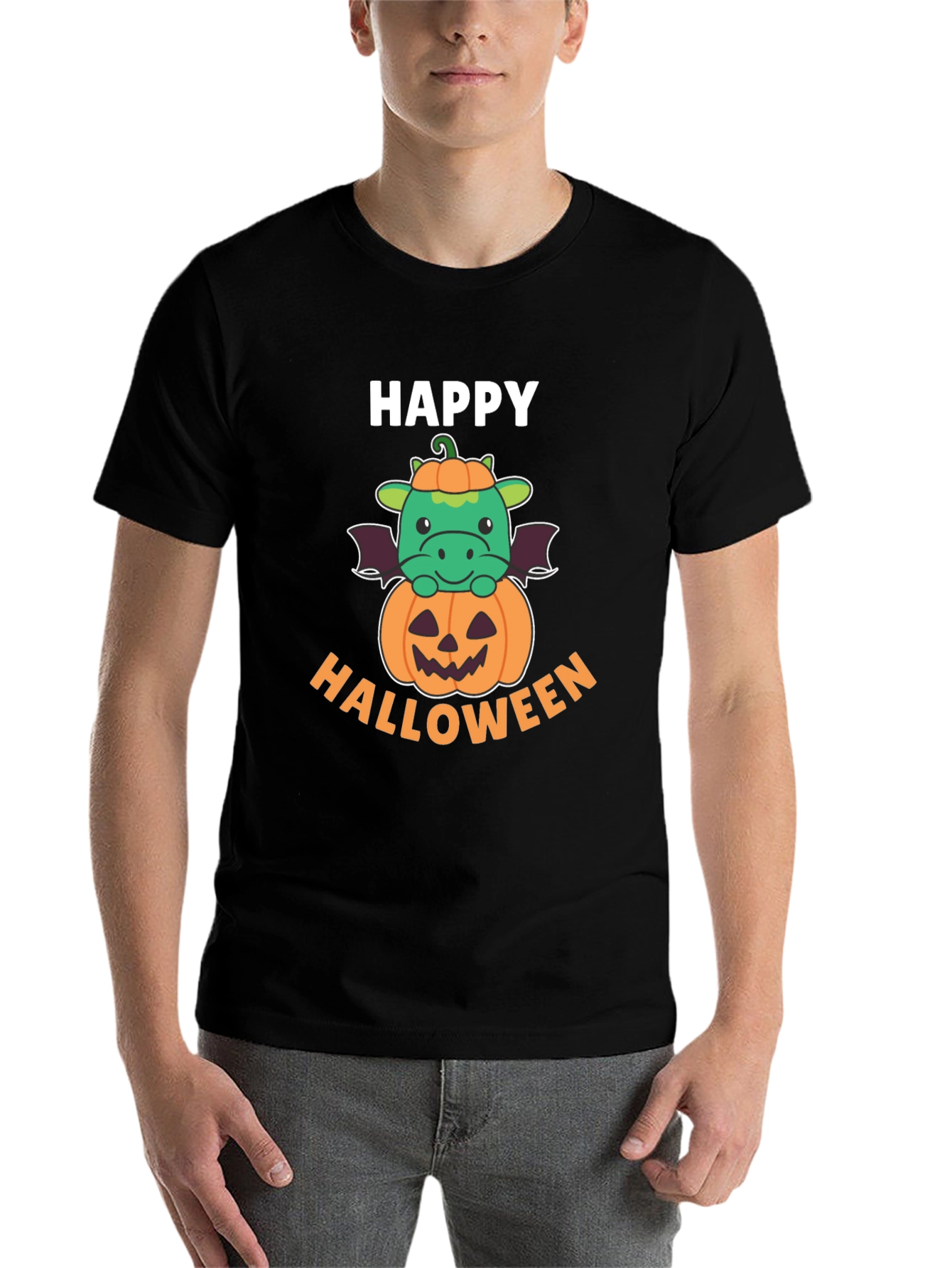 Black Happy Halloween Dragon on Pumpkin Men's T-Shirt view 7