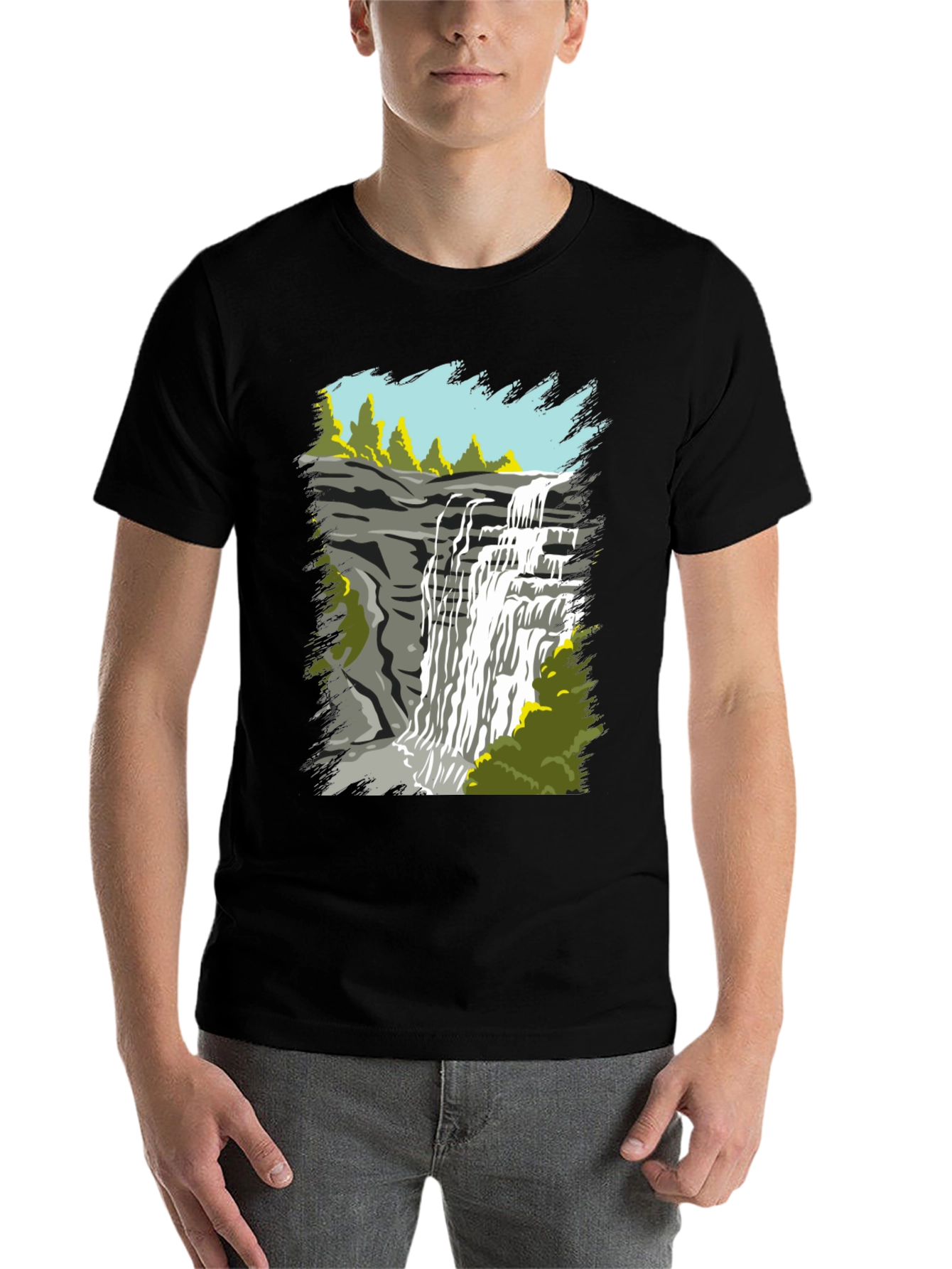 Black Waterfall Graphic Tee - Nature Lover's T-Shirt view 7