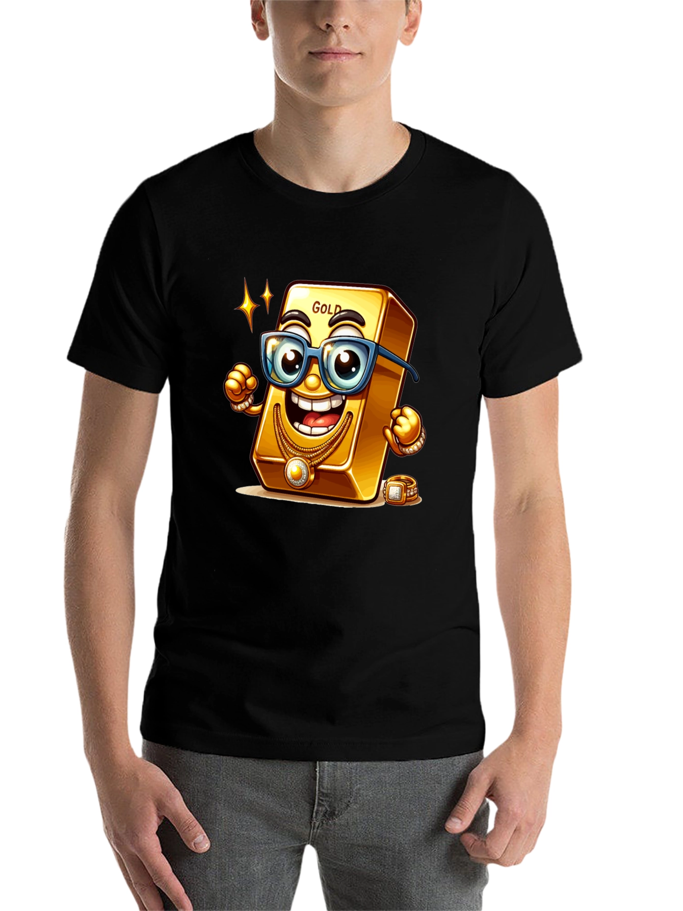 Black Funny Gold Bar Cartoon Graphic Tee view 7