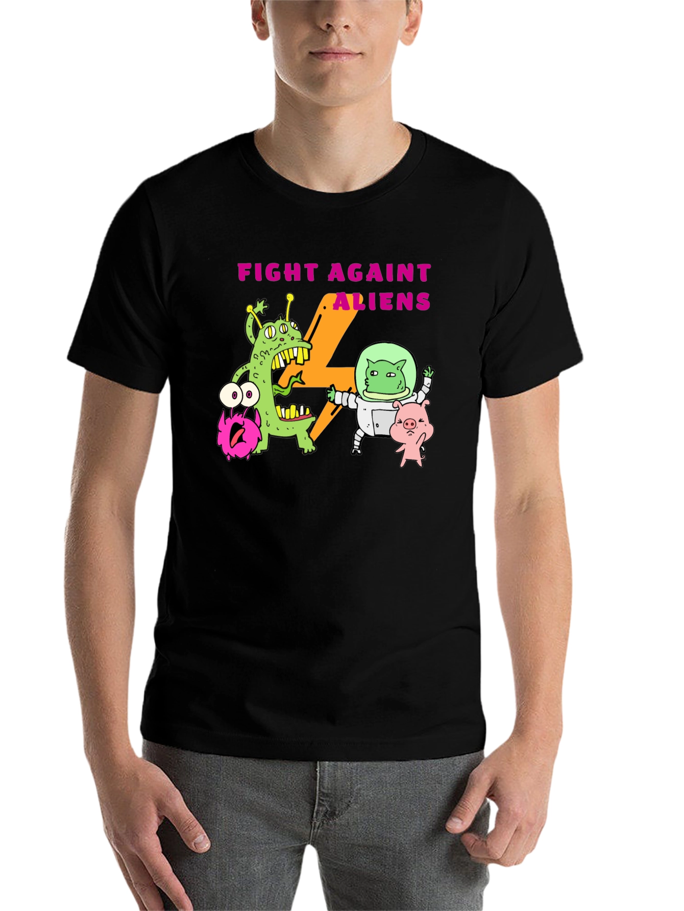 Black Fight Against Aliens Graphic T-Shirt - Black view 7