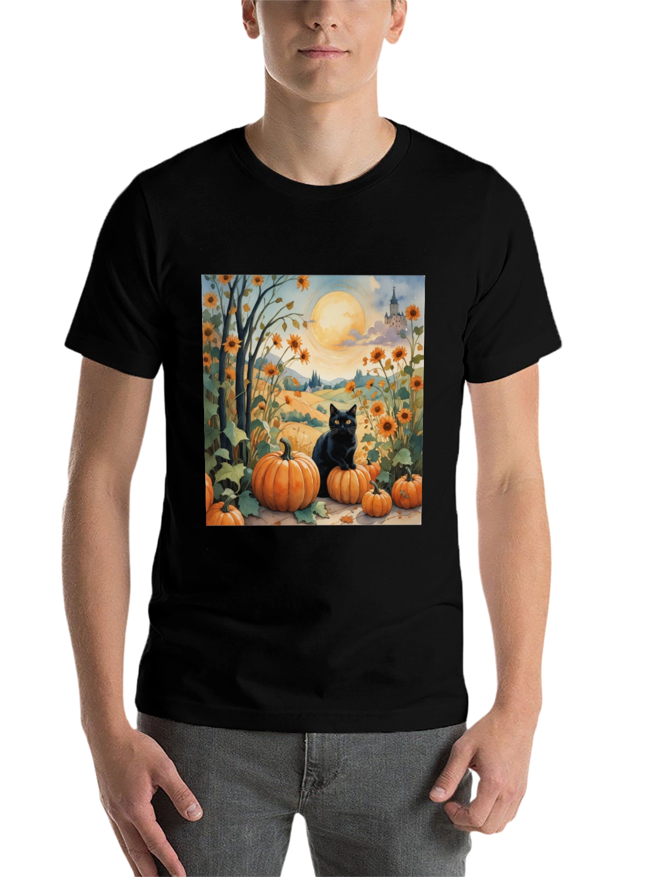 Black Halloween Black Cat Pumpkin Patch T-Shirt view 7