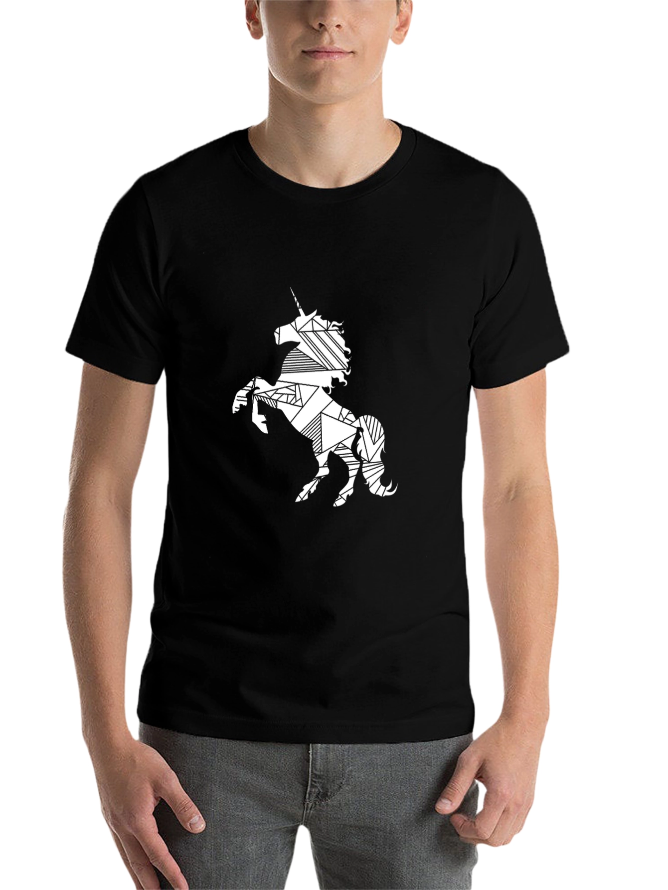 Black Geometric Unicorn Print Black T-Shirt view 7