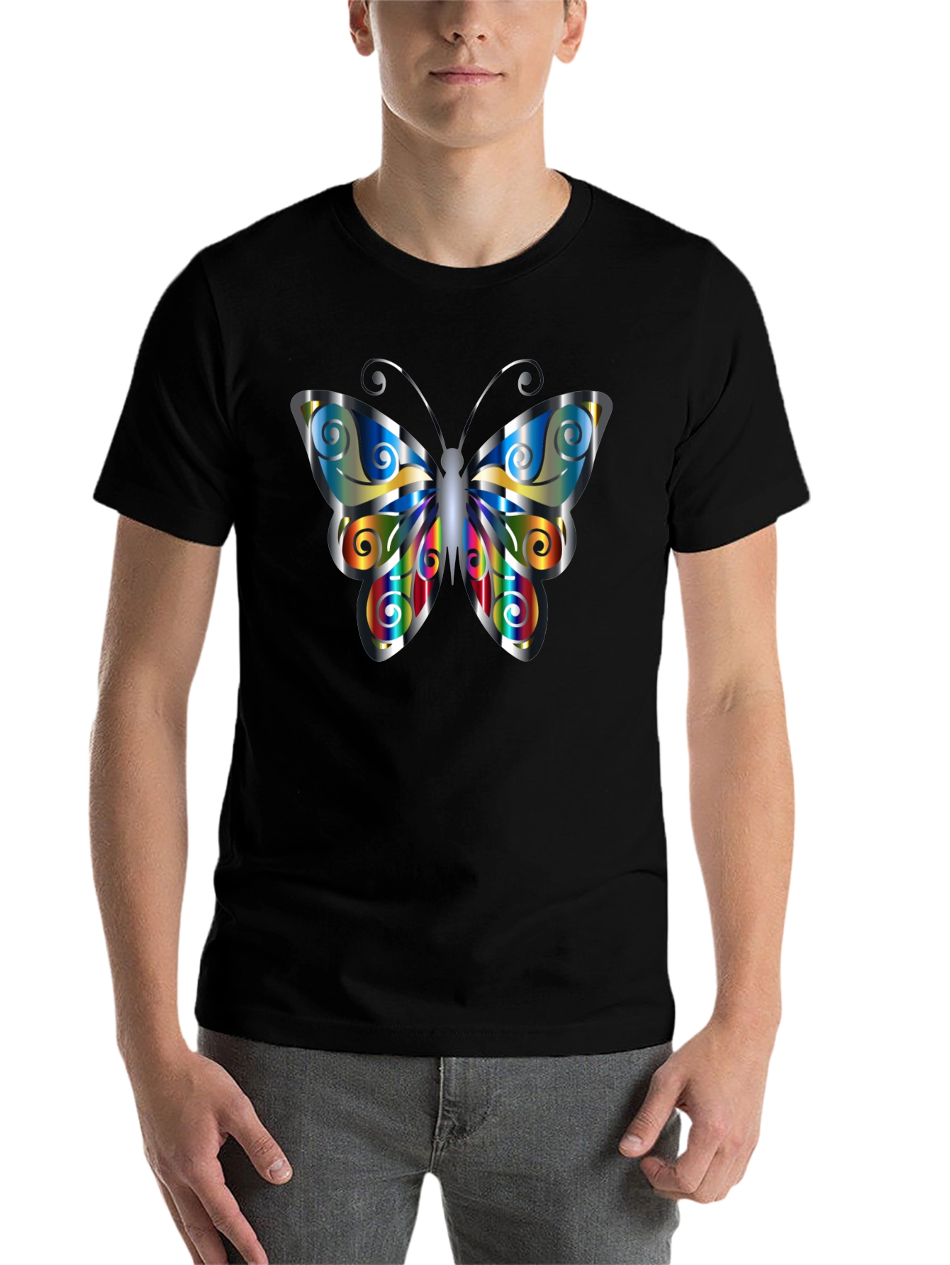 Black Butterfly Graphic Print Men's Black T-Shirt view 7