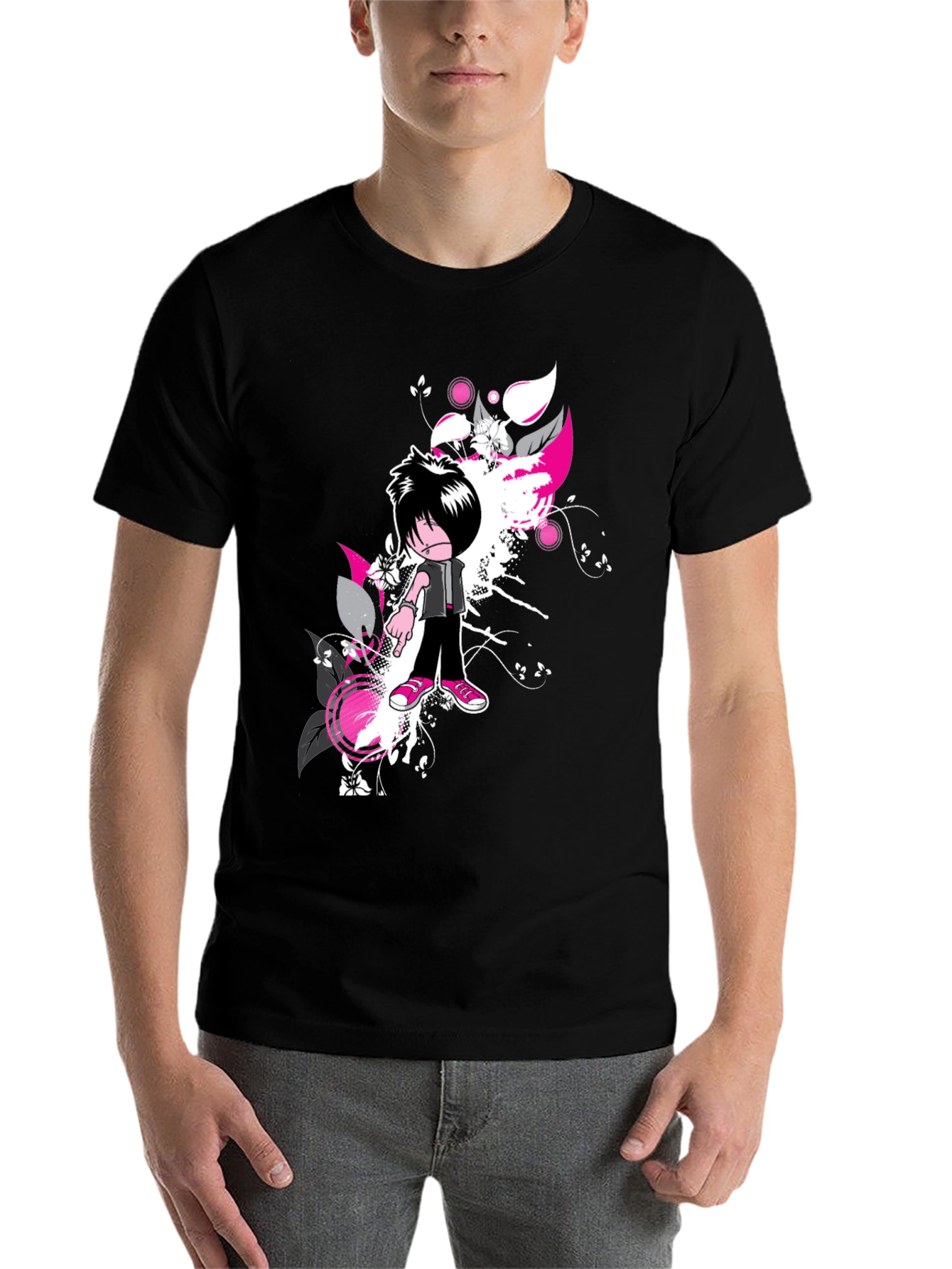 Black Emo Cartoon Graphic Black T-Shirt view 7
