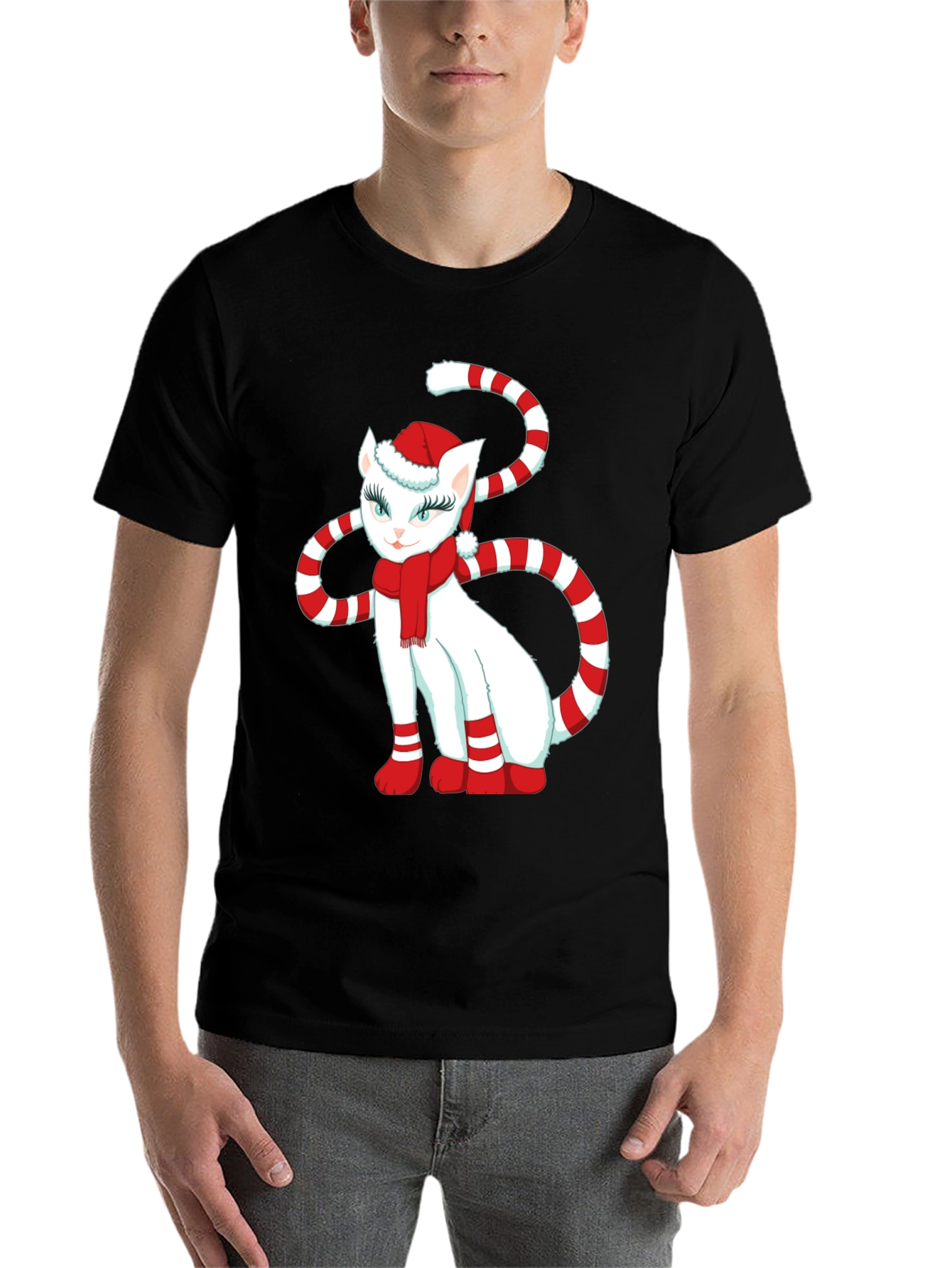 Black Festive Cat Christmas T-Shirt view 7