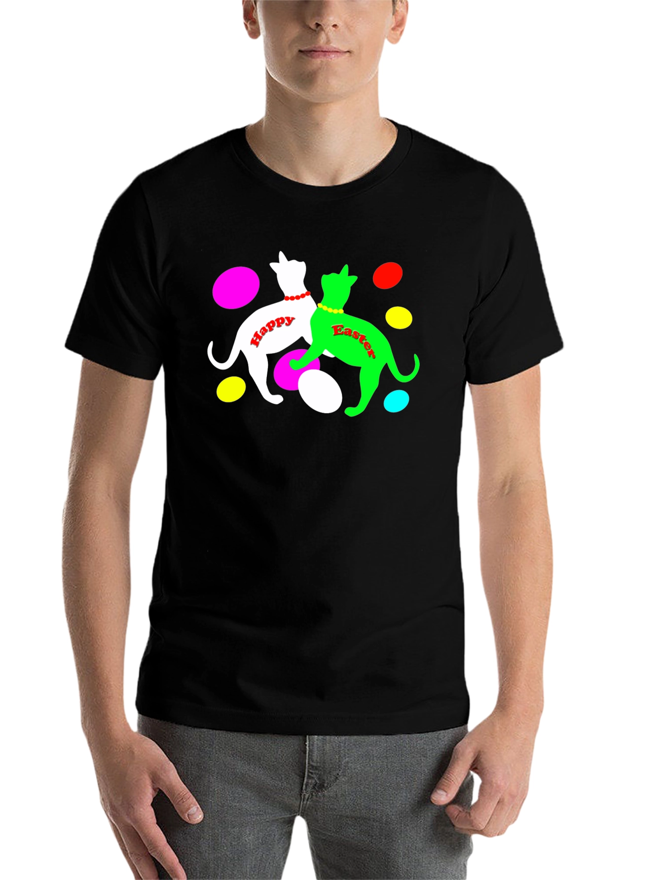 Camiseta Negra Gatos Pascua Feliz