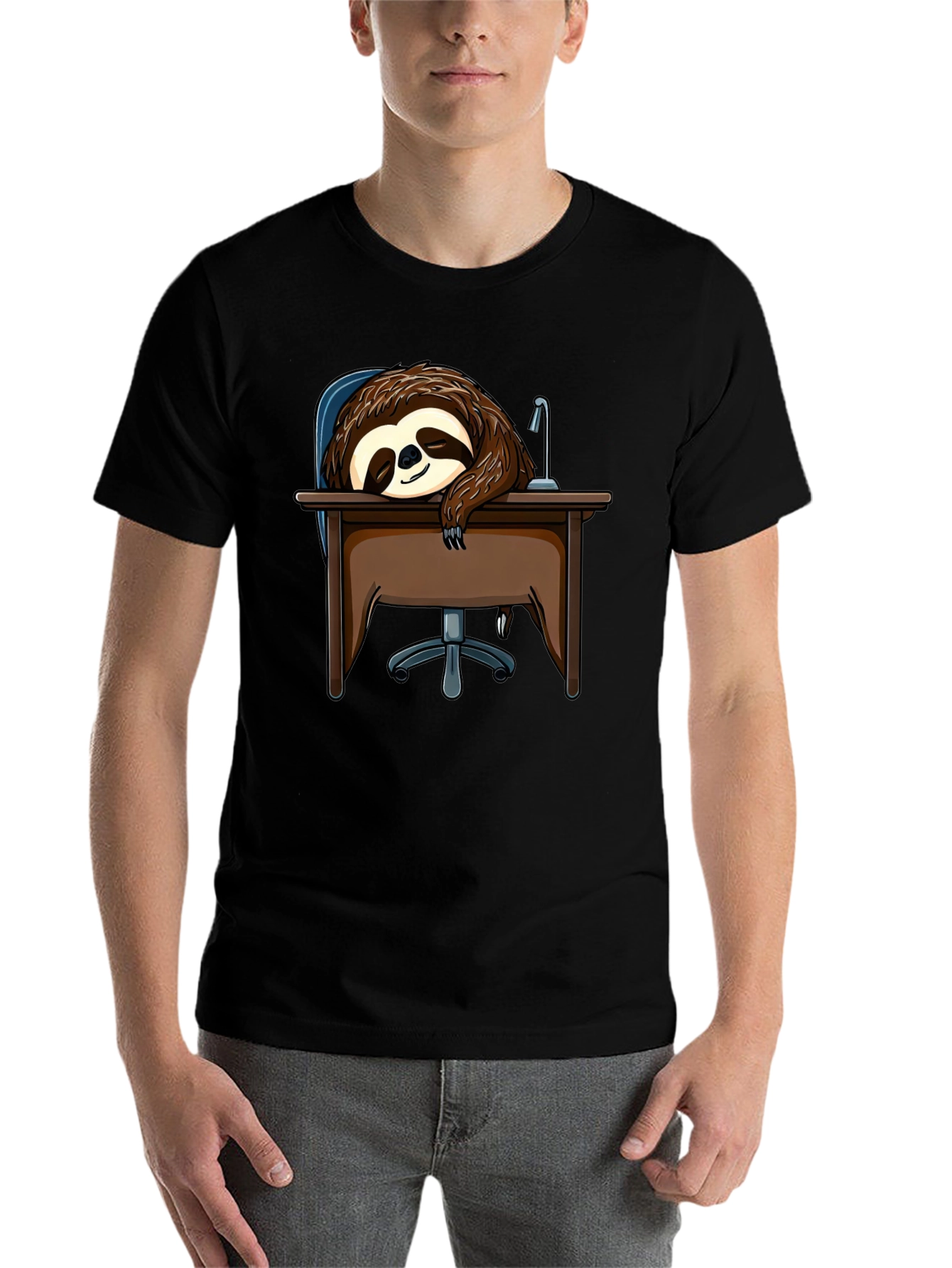 Sleeping Sloth on Desk T-Shirt - Funny Lazy Animal Tee - 7