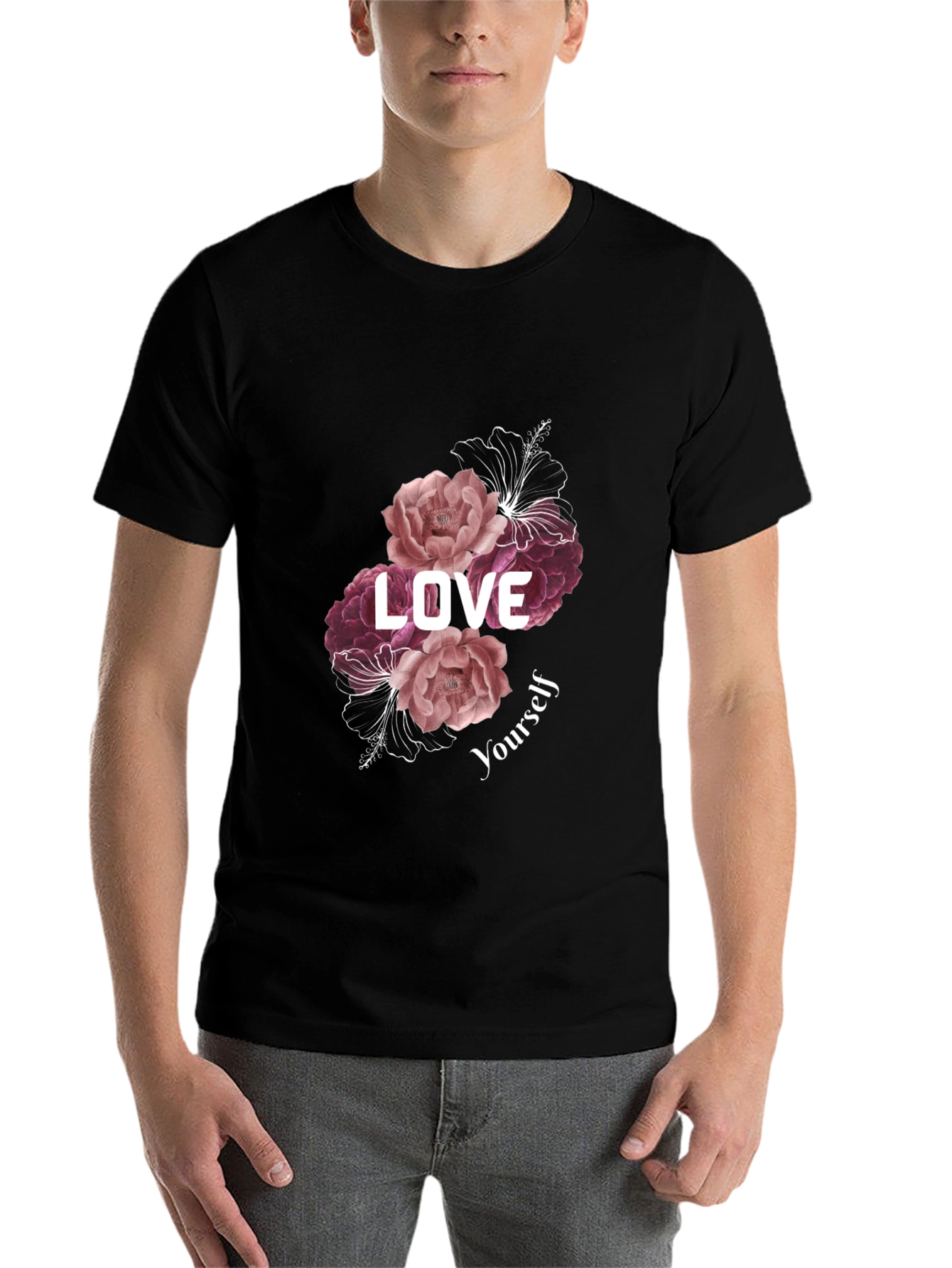 Black Love Yourself Floral Graphic Tee - Black view 7