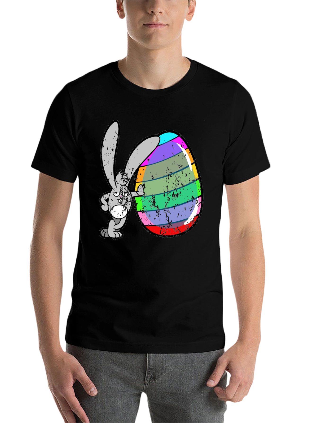 Black Easter Bunny Egg Graphic Tee - Funny Cartoon Rabbit Shirt view 7