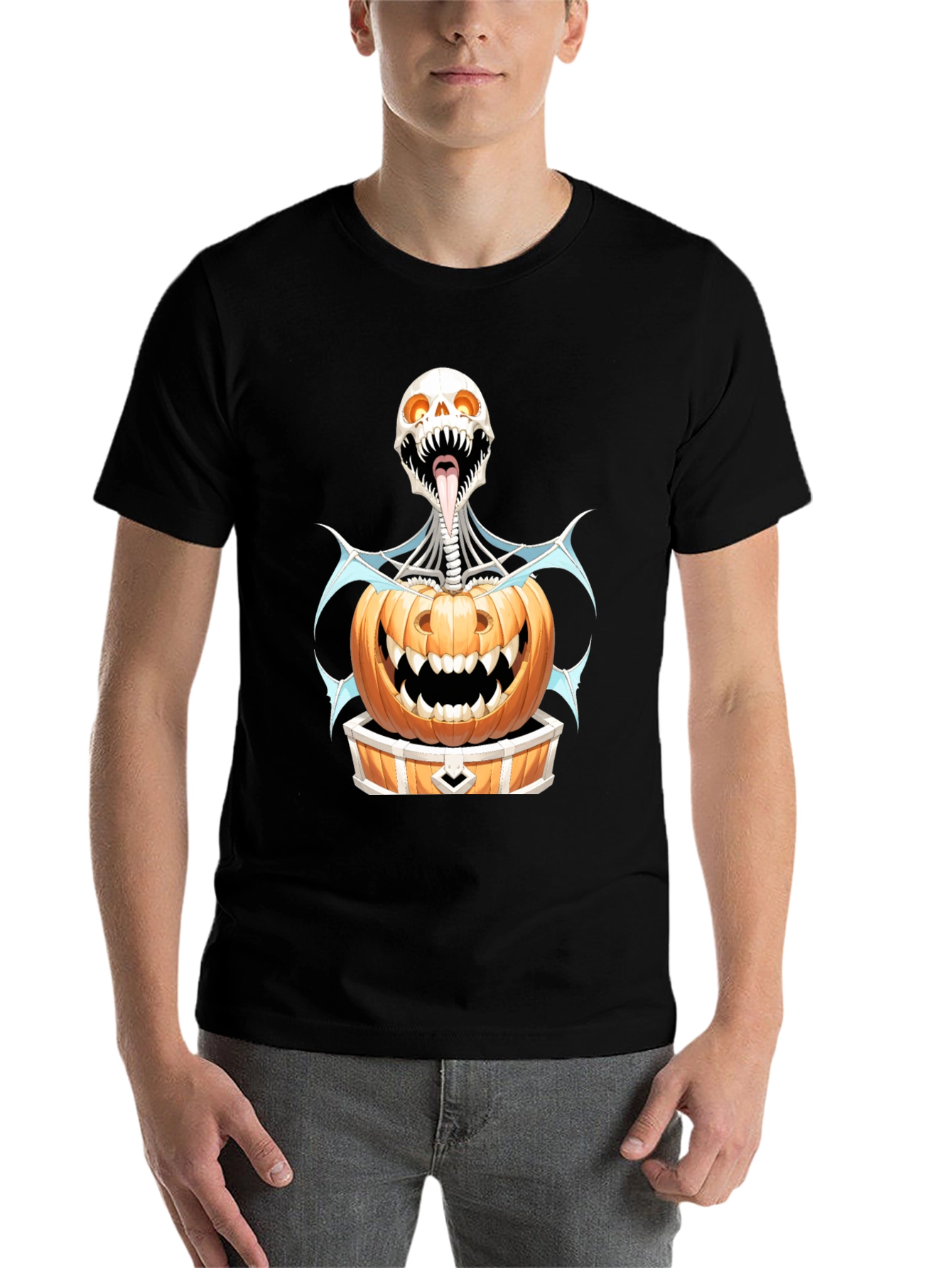 Black Halloween Skeleton Pumpkin Graphic Tee view 7