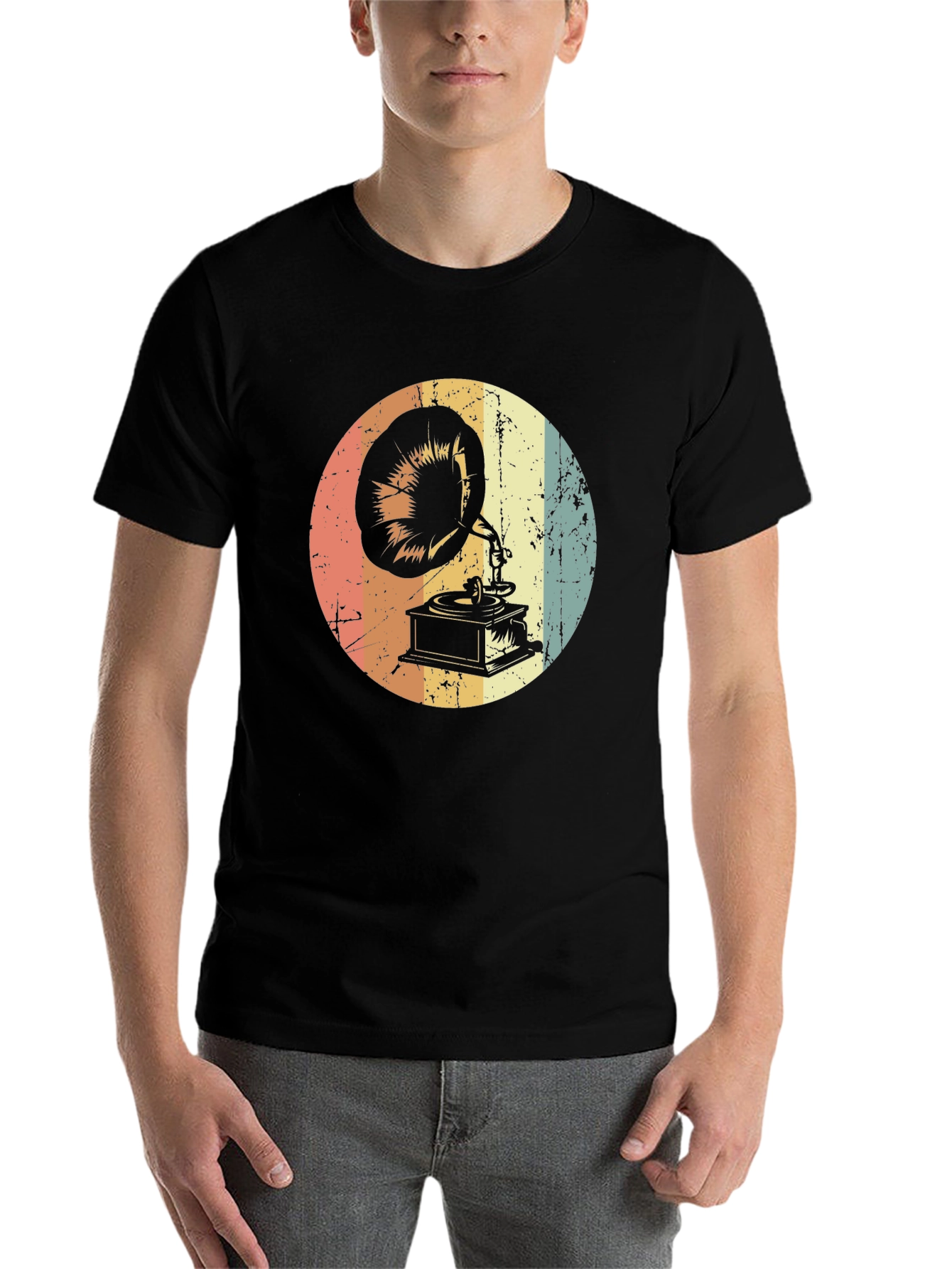 Black Vintage Phonograph Graphic Tee - Retro Music Lover Shirt view 7
