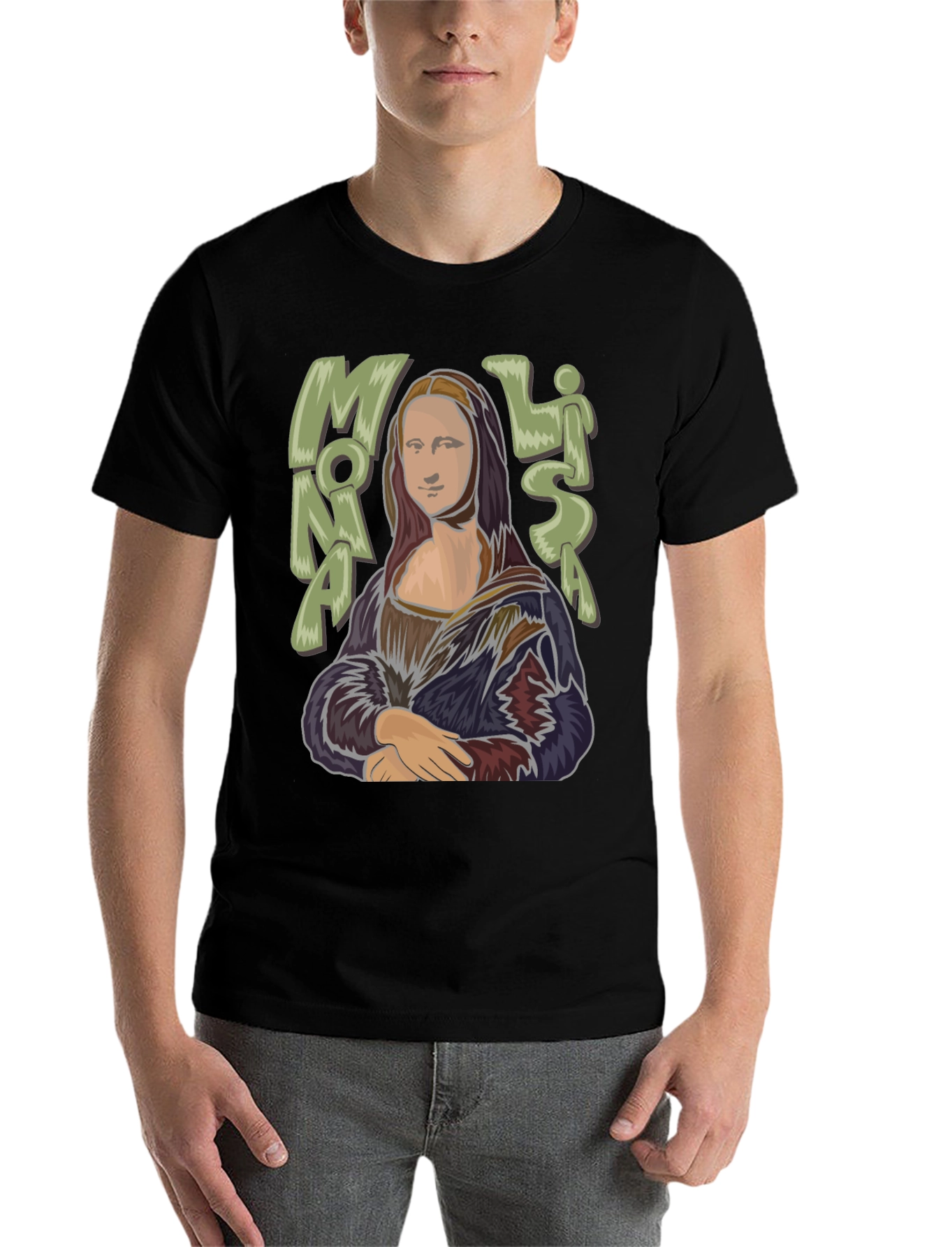 Black Mona Lisa Graphic Tee - Classic Art Style T-Shirt view 7