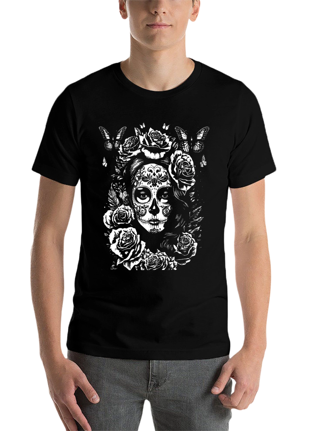 Black Sugar Skull Rose Graphic T-Shirt - Black view 7