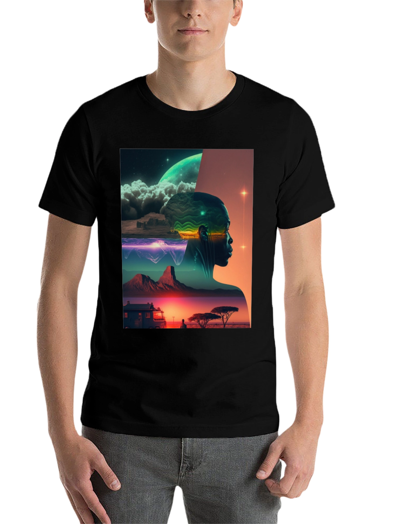 Black Afrofuturism Graphic Tee - Sci-Fi Landscape Black T-Shirt view 7