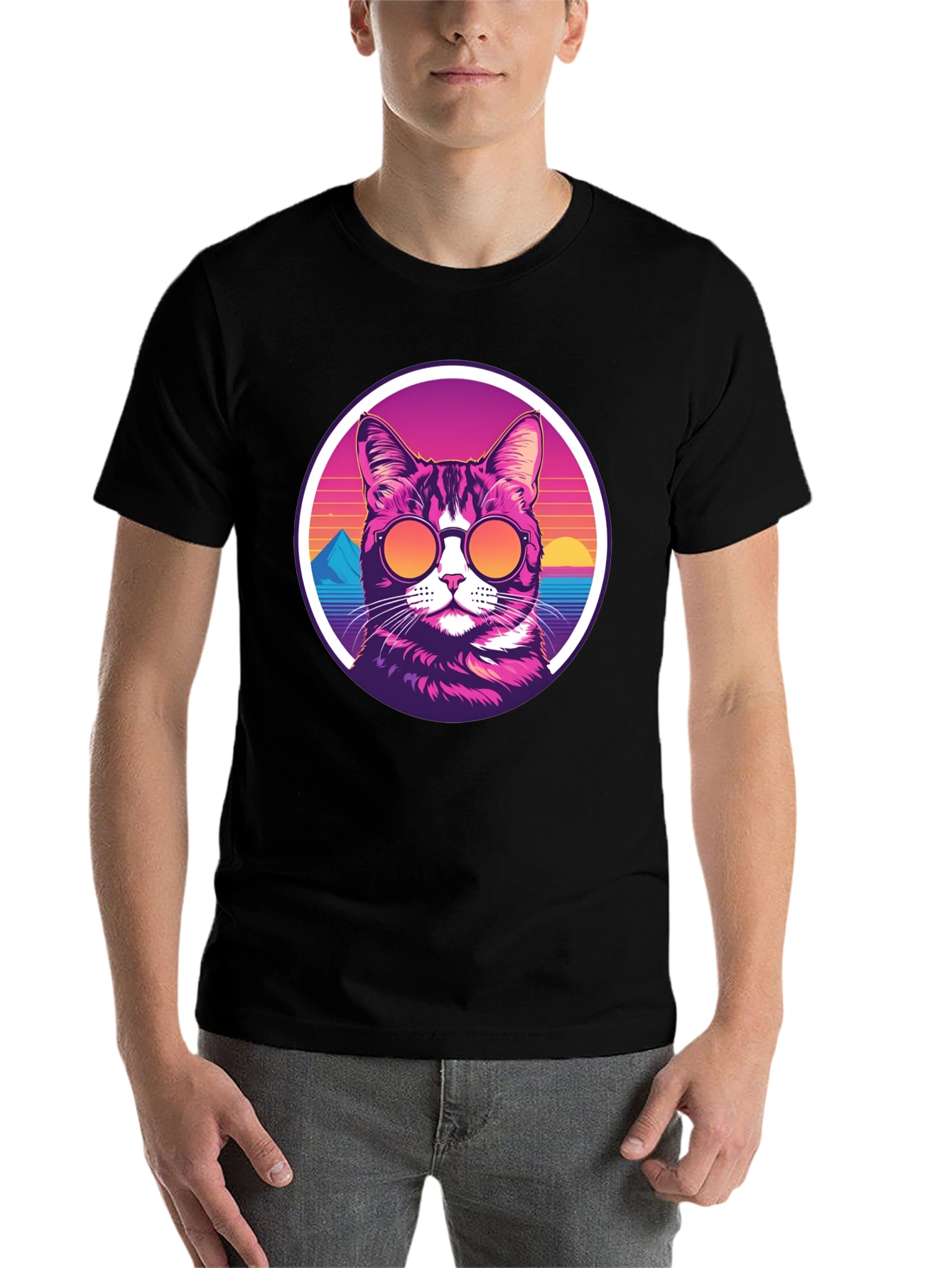 Black Retro Cat T-Shirt - Cool Cat with Shades view 7