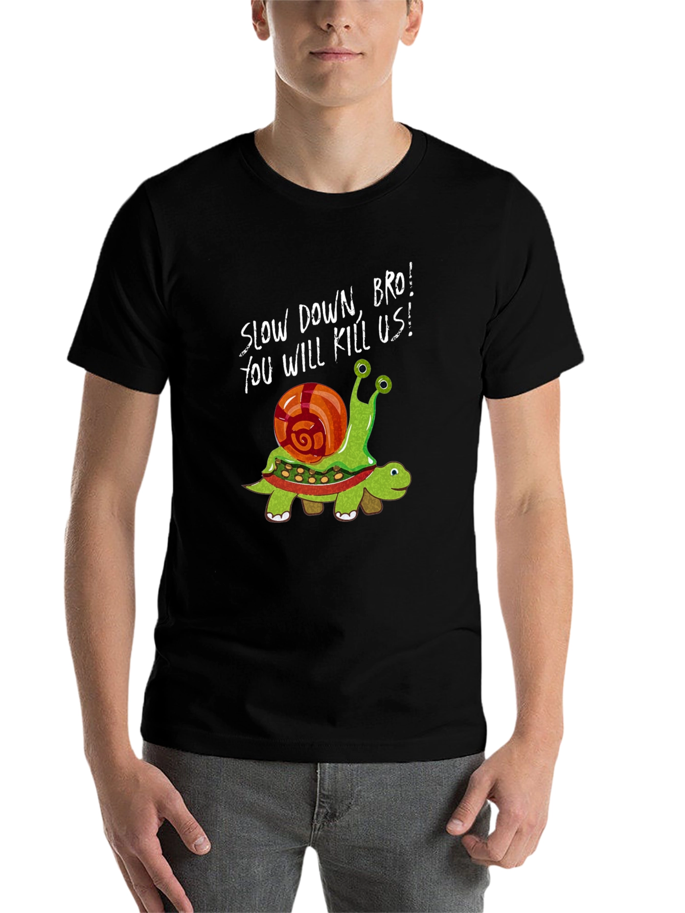 Black Funny Snail Riding Turtle Graphic Tee - Slow Down Bro! view 7