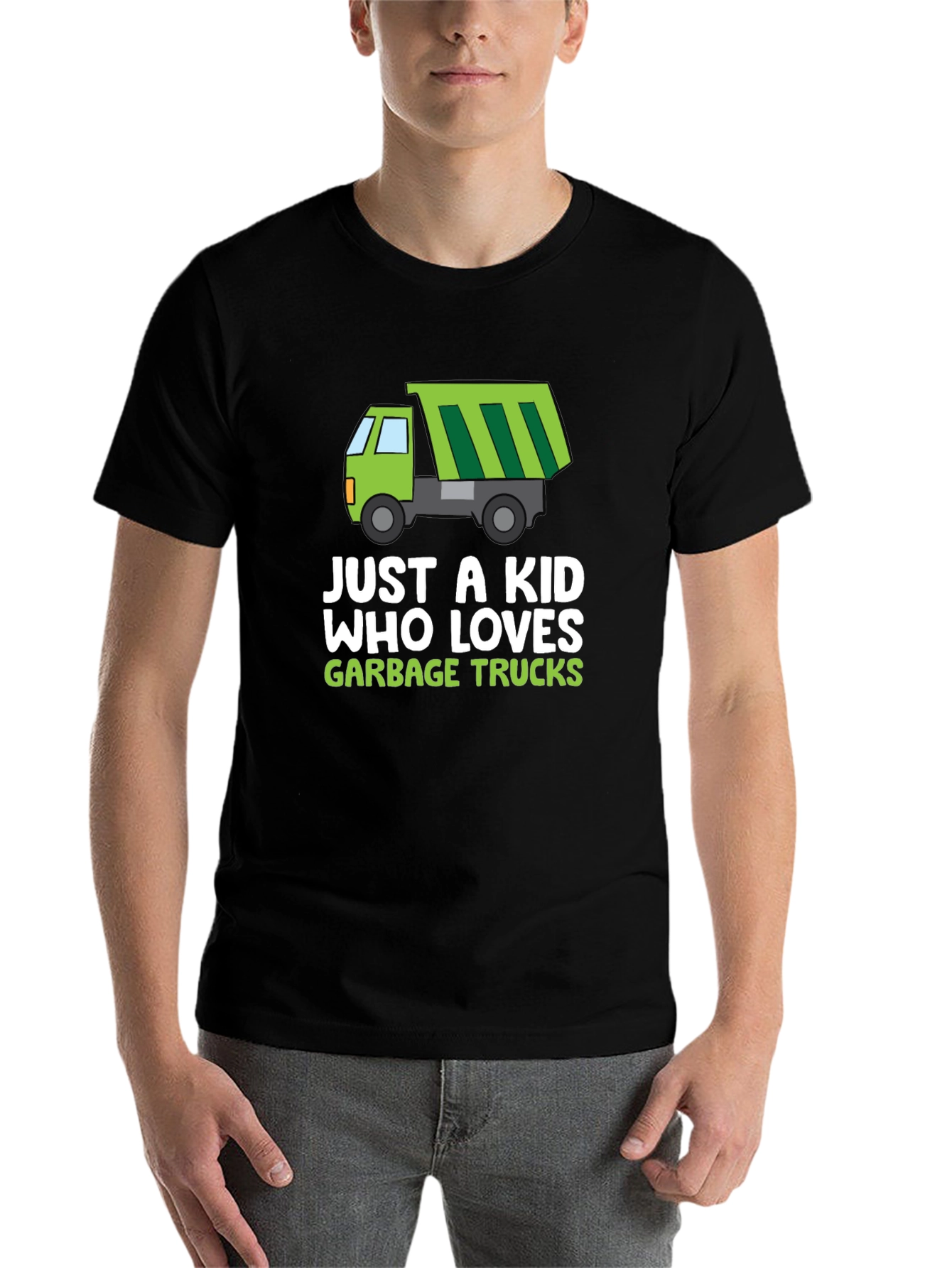 Black Just A Kid Who Loves Garbage Trucks T-Shirt view 7
