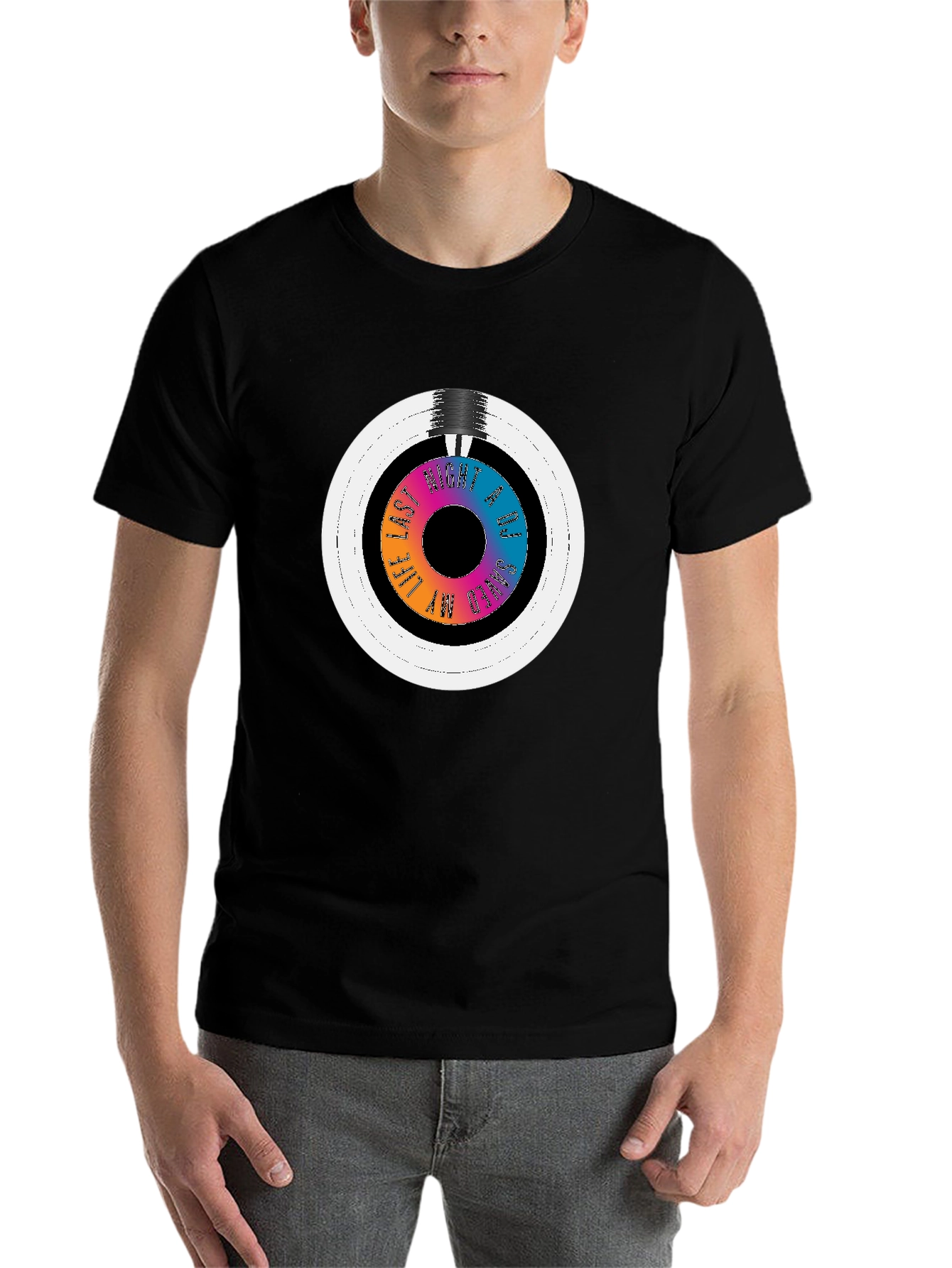 Black Colorful Vinyl Record Graphic Tee - Black Cotton Blend T-Shirt view 7