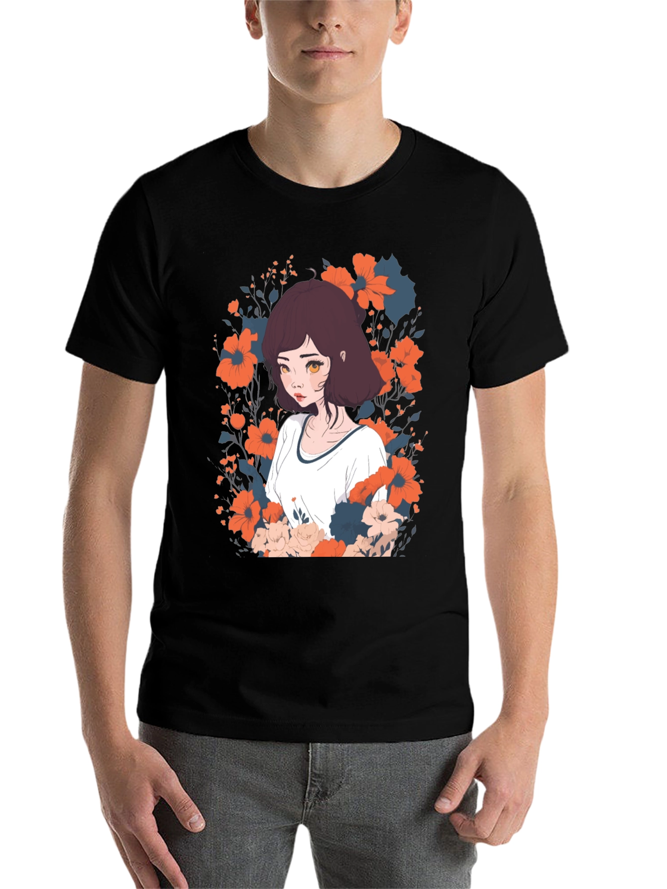 Black Floral Anime Girl Graphic Tee - Unisex Black T-Shirt view 7