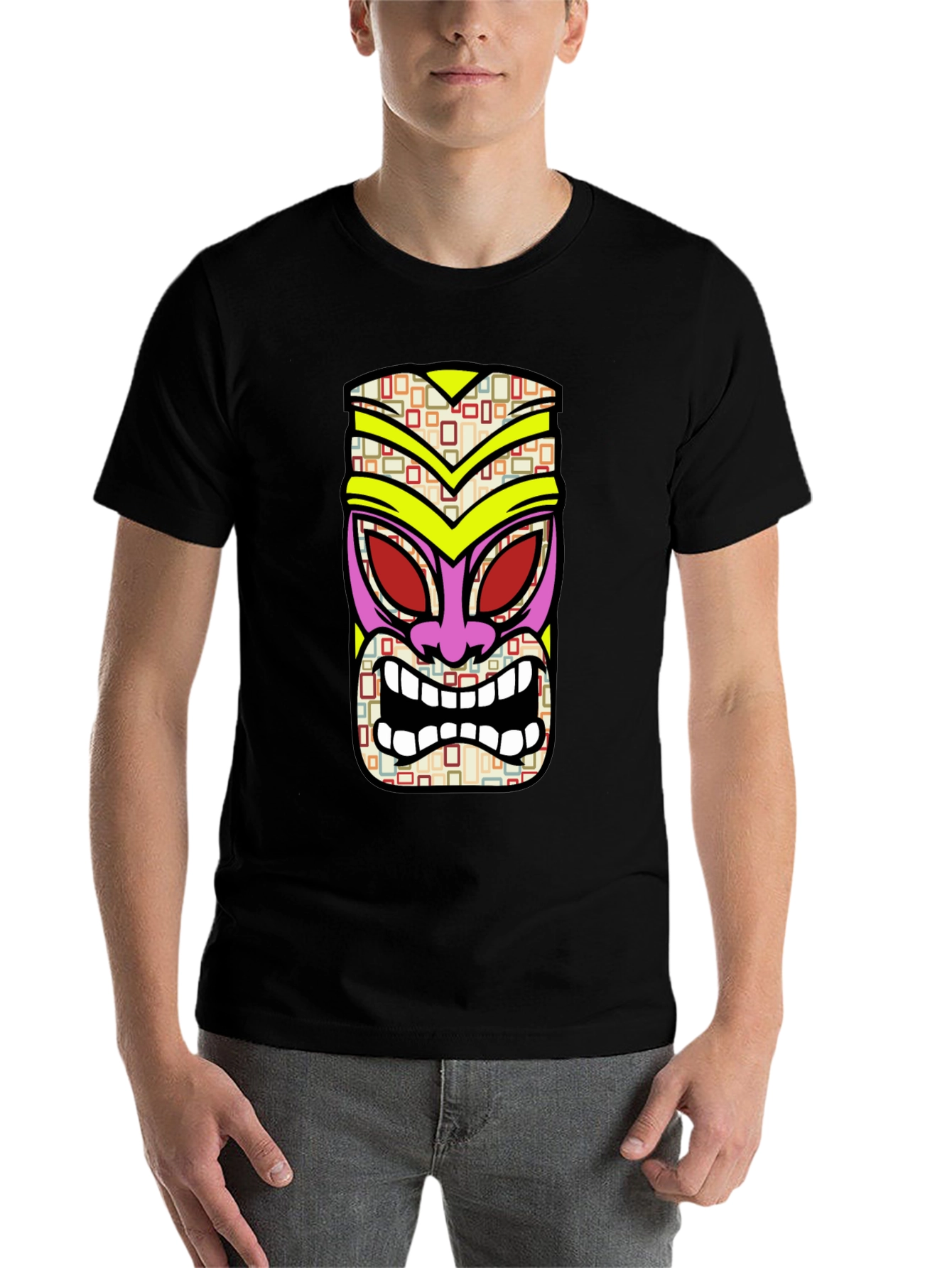 Black Tiki Mask Graphic Tee - Black Cotton T-Shirt view 7
