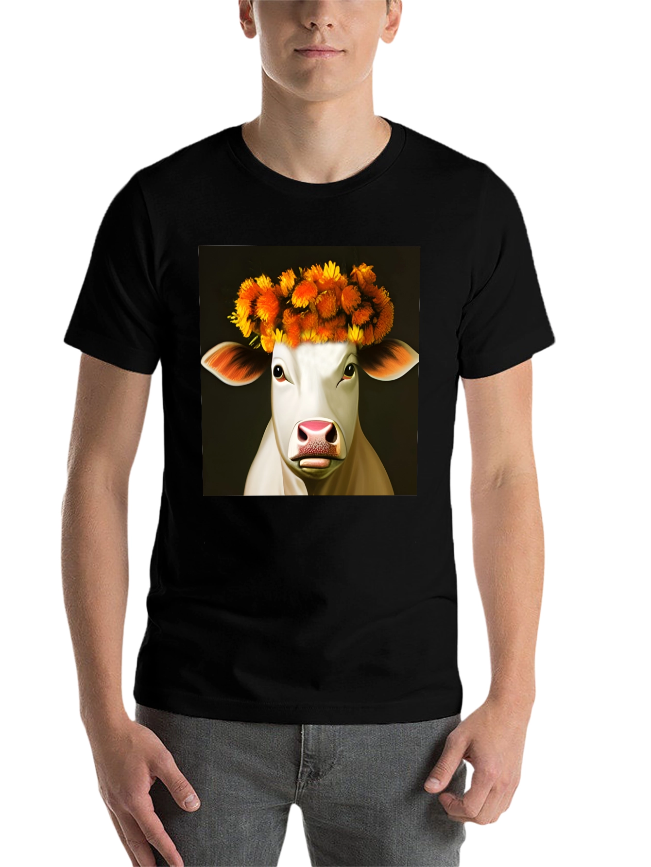 Black Cow with Flower Crown Graphic Tee - Black view 7