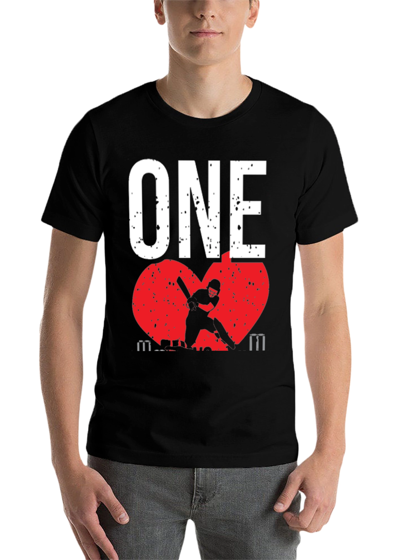 Black ONE Cricket Fan T-Shirt - Red Heart Design view 7