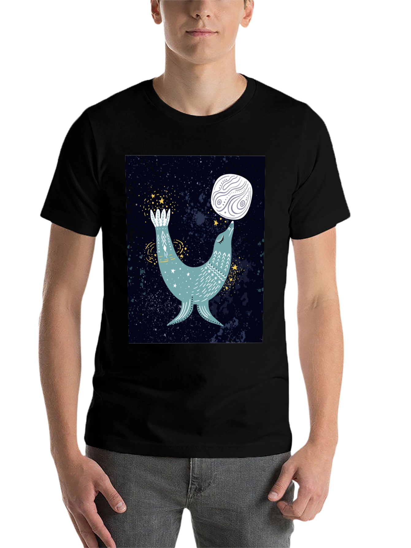 Black Cosmic Seal T-Shirt - Celestial Animal Design view 7