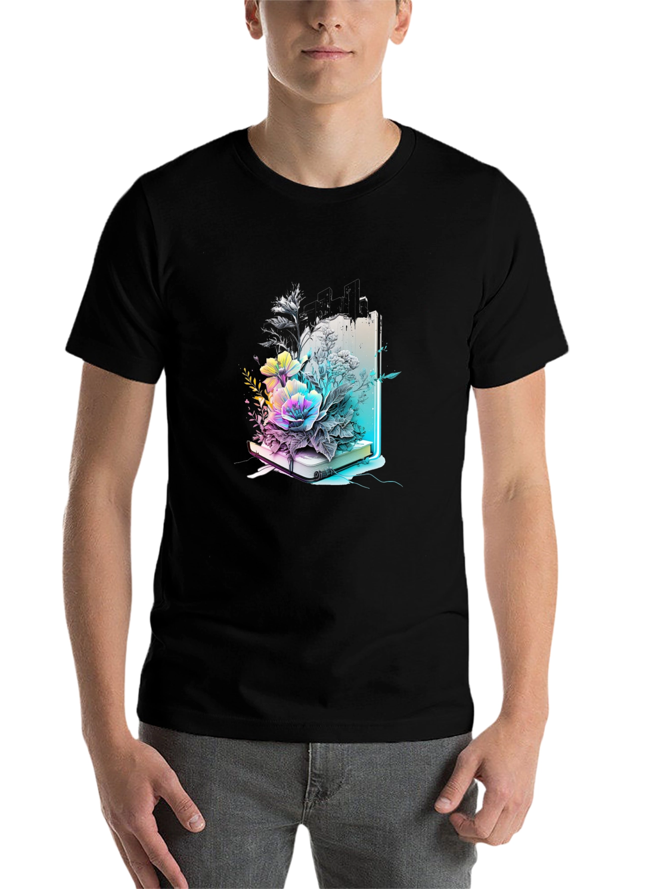 Black Floral Bookworm Tee - Artistic Graphic T-Shirt view 7