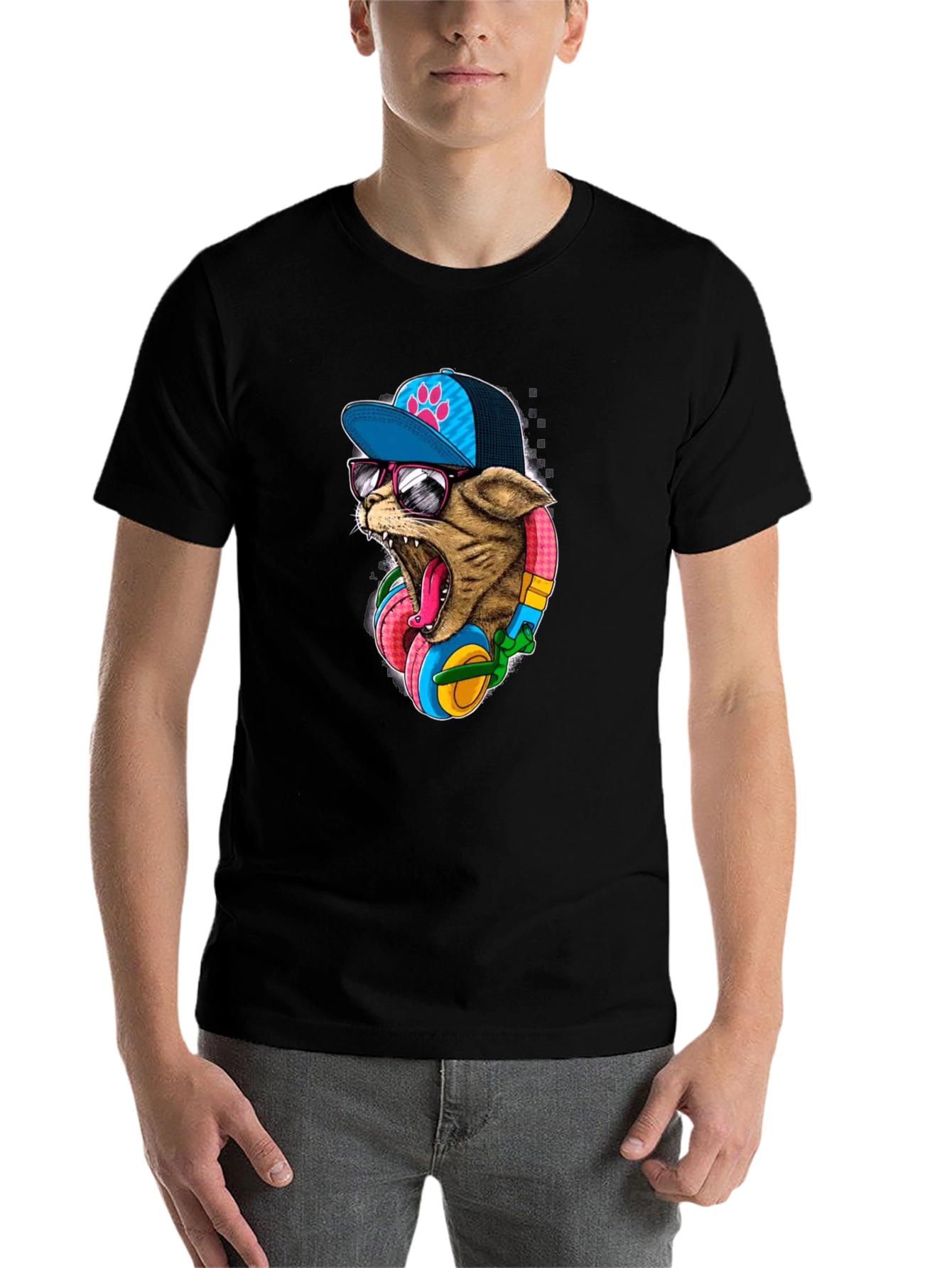 Black Cool Cat T-Shirt: Cat Wearing Headphones & Cap view 7