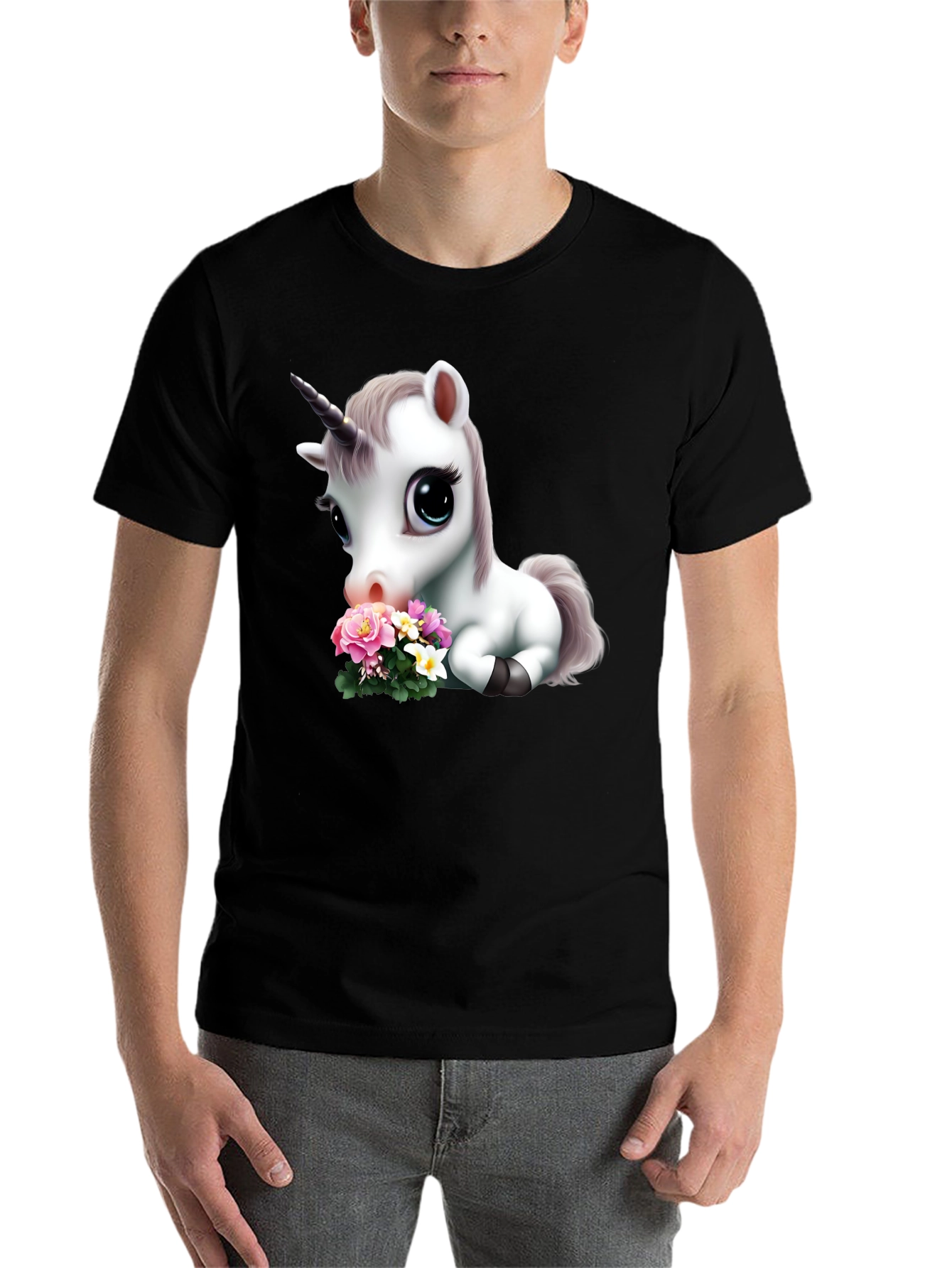 Black Cute Unicorn with Flowers Graphic T-Shirt view 7