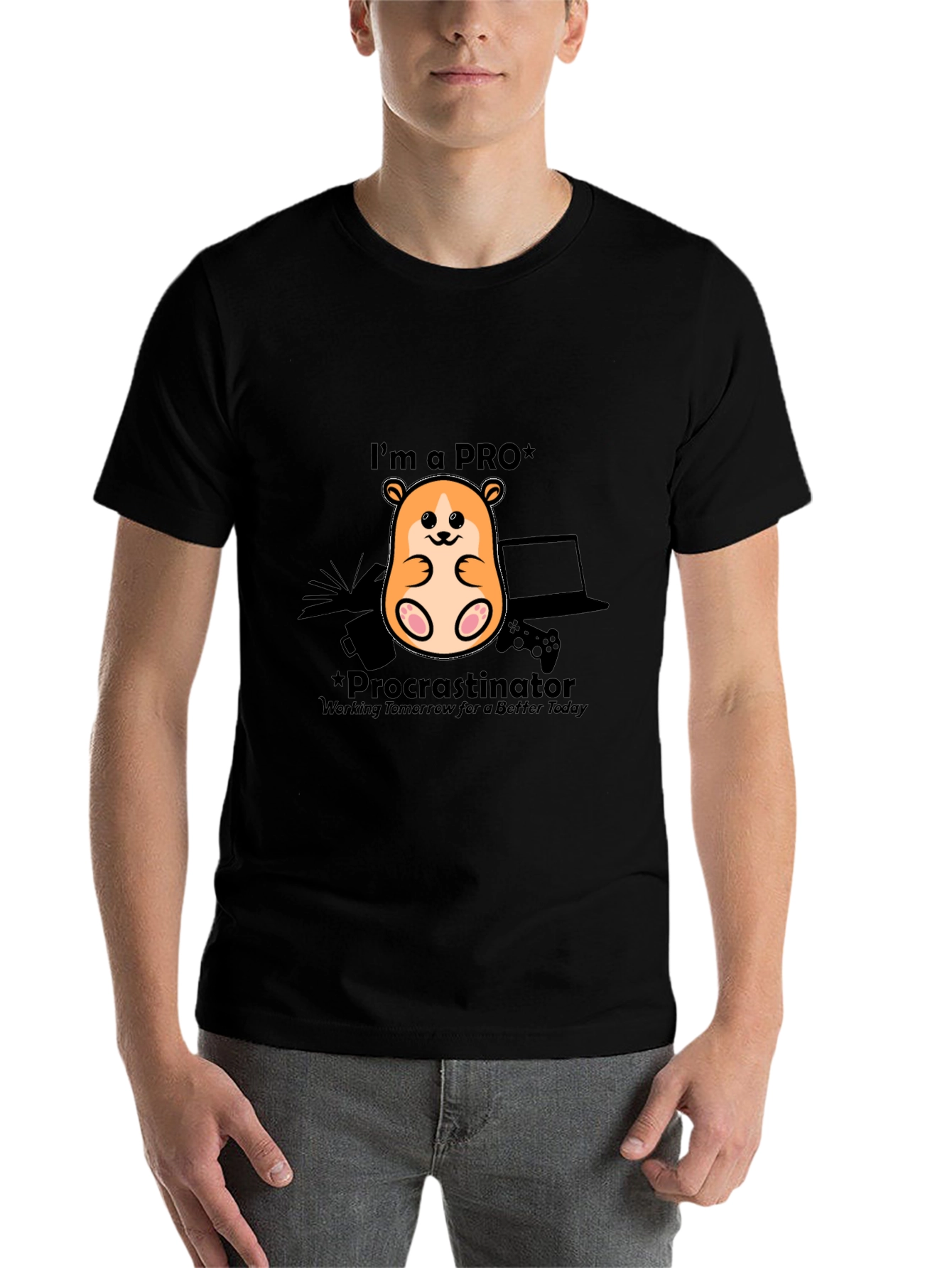 Black Procrastinator Gamer T-Shirt - Funny Hamster Design view 7