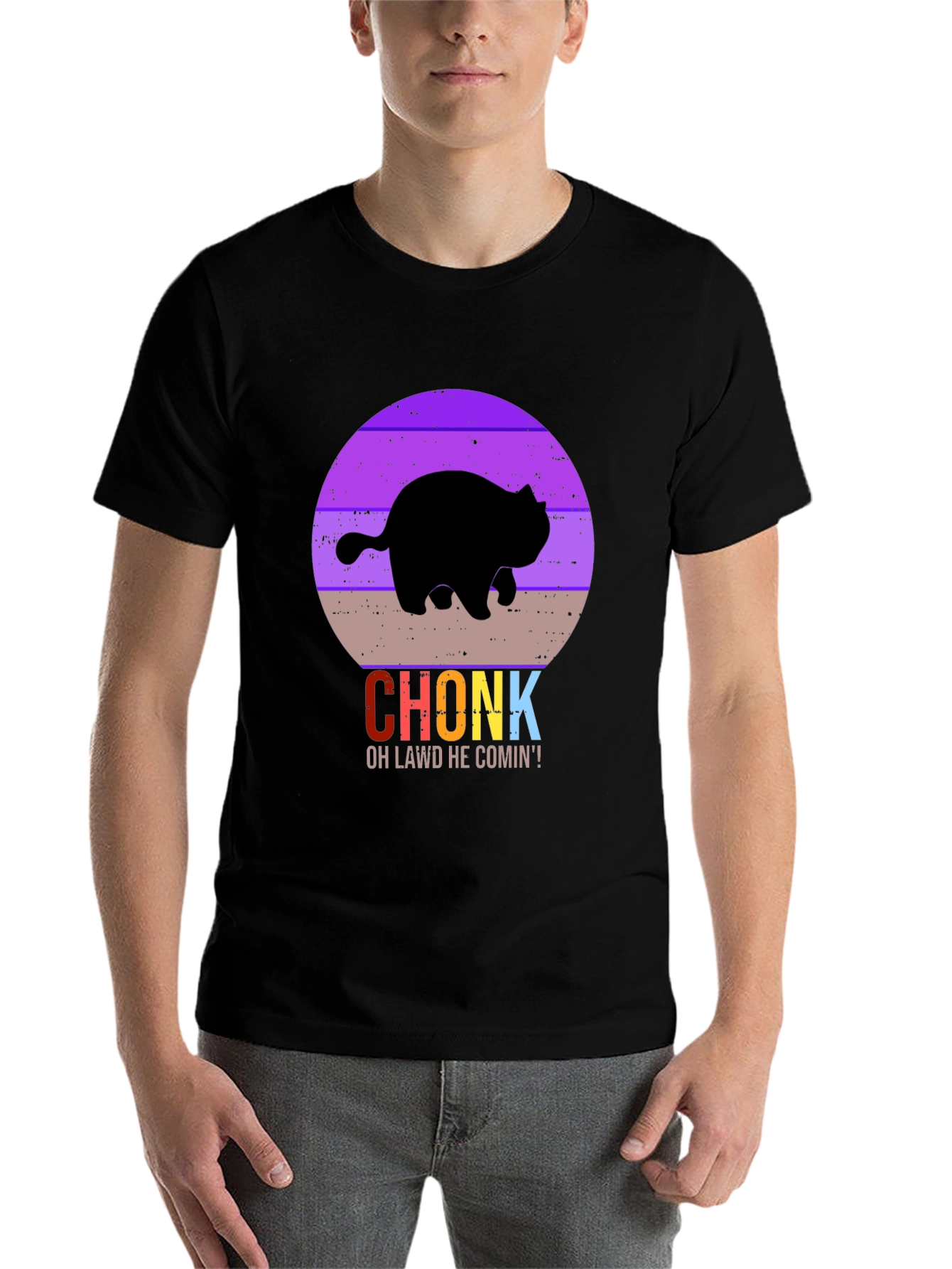 Black Chonk Cat T-Shirt - Oh Lawd He Comin'! view 7