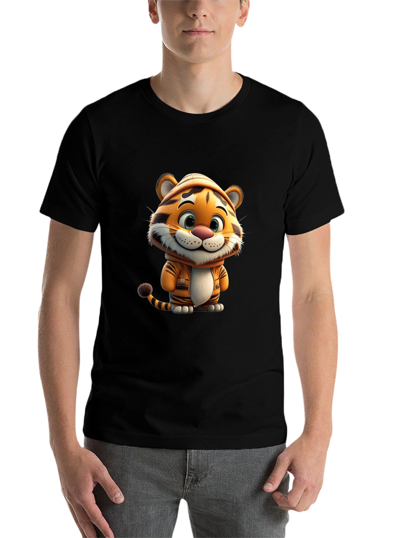 Black Cute Cartoon Tiger Black T-Shirt view 7