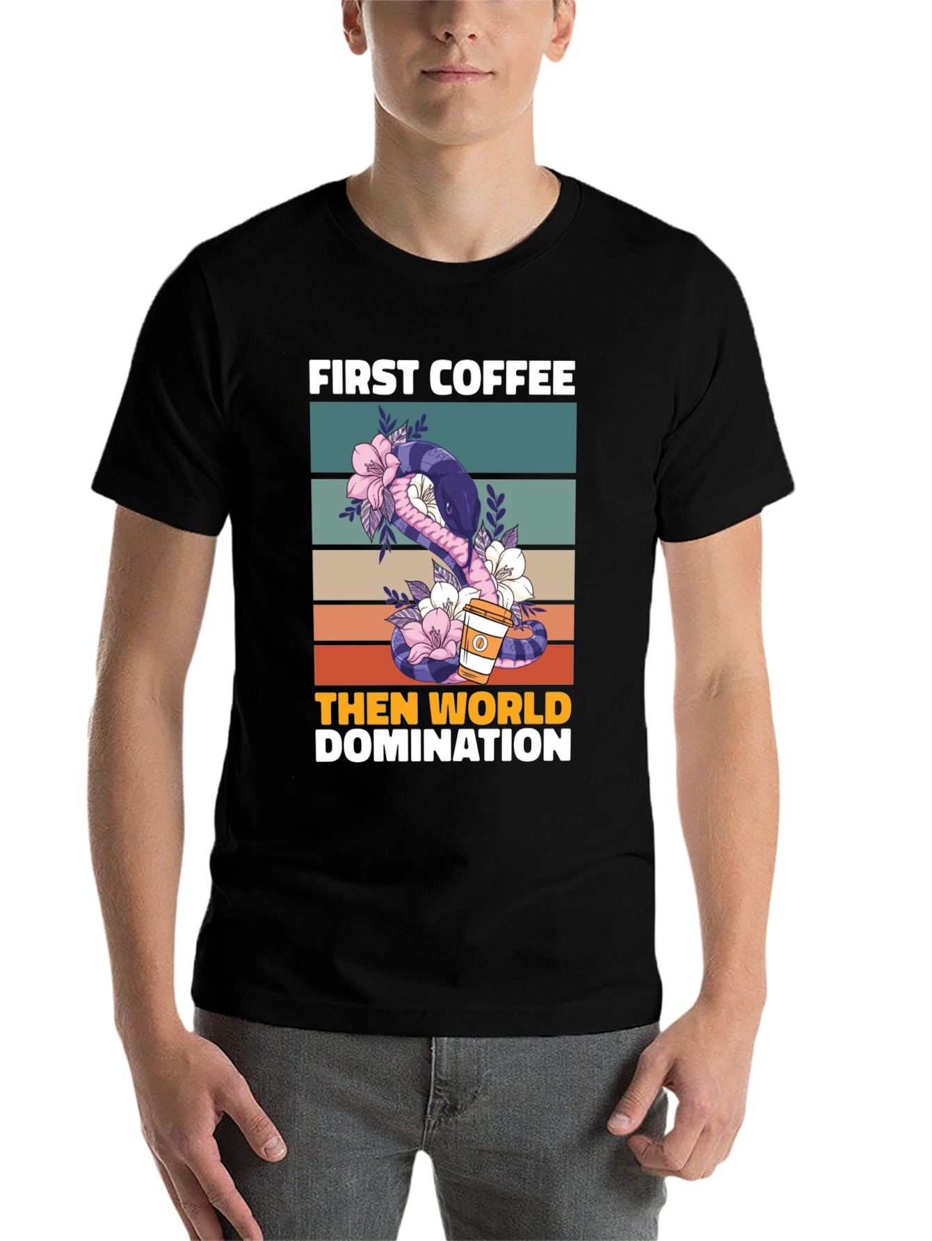Black First Coffee Then World Domination T-Shirt view 7