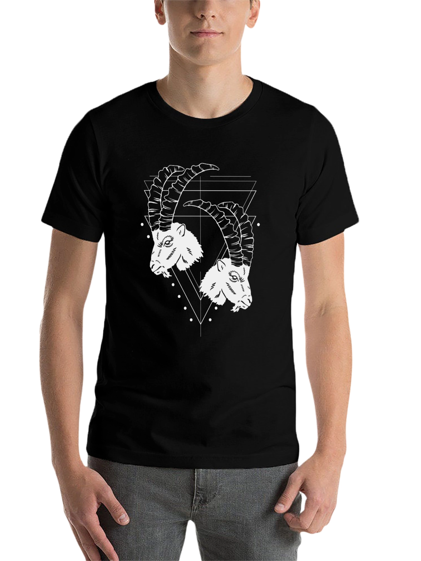 Black Geometric Ibex Head Graphic Tee - Black Cotton T-Shirt view 7