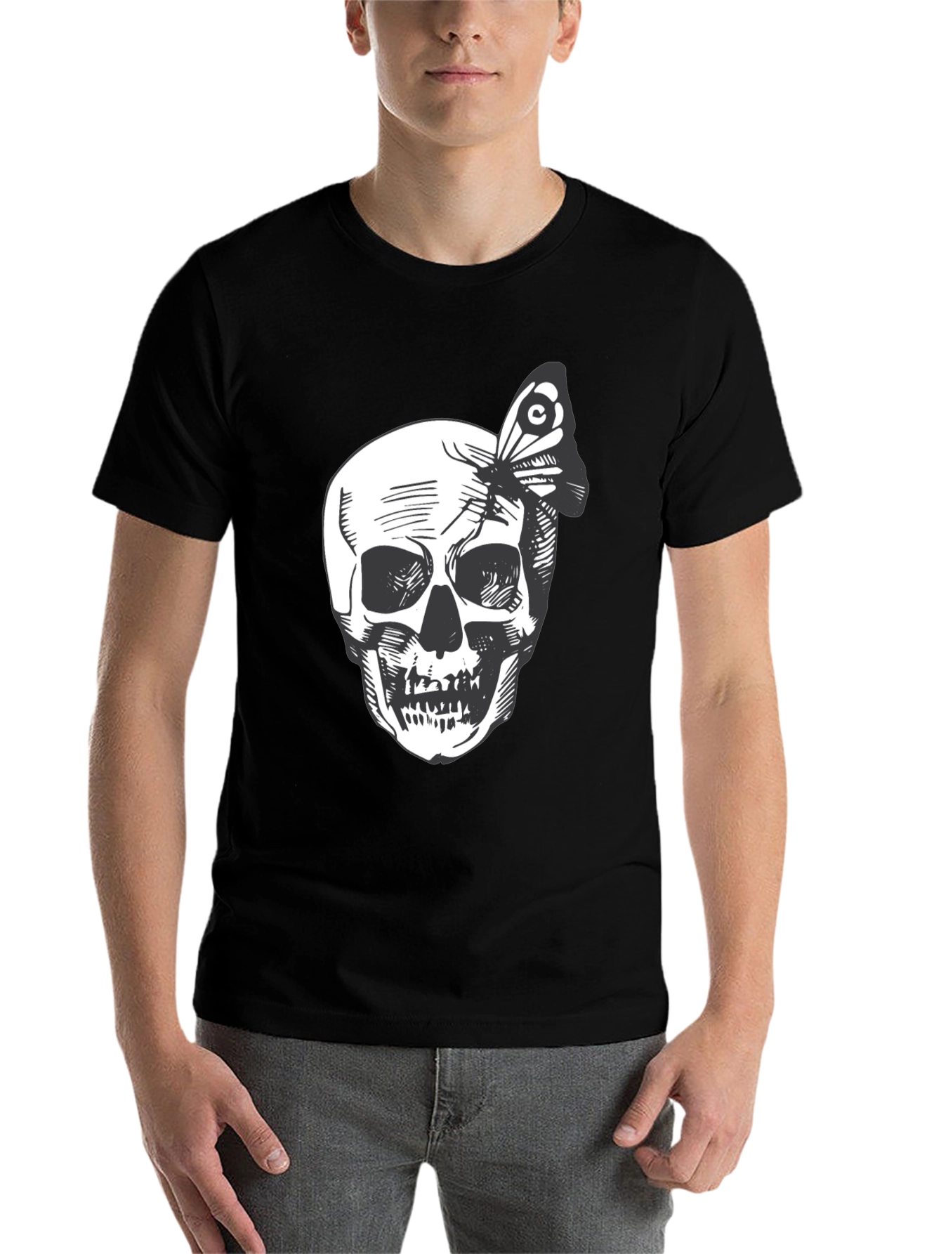 Black Skull and Butterfly Graphic Tee - Black Cotton view 7