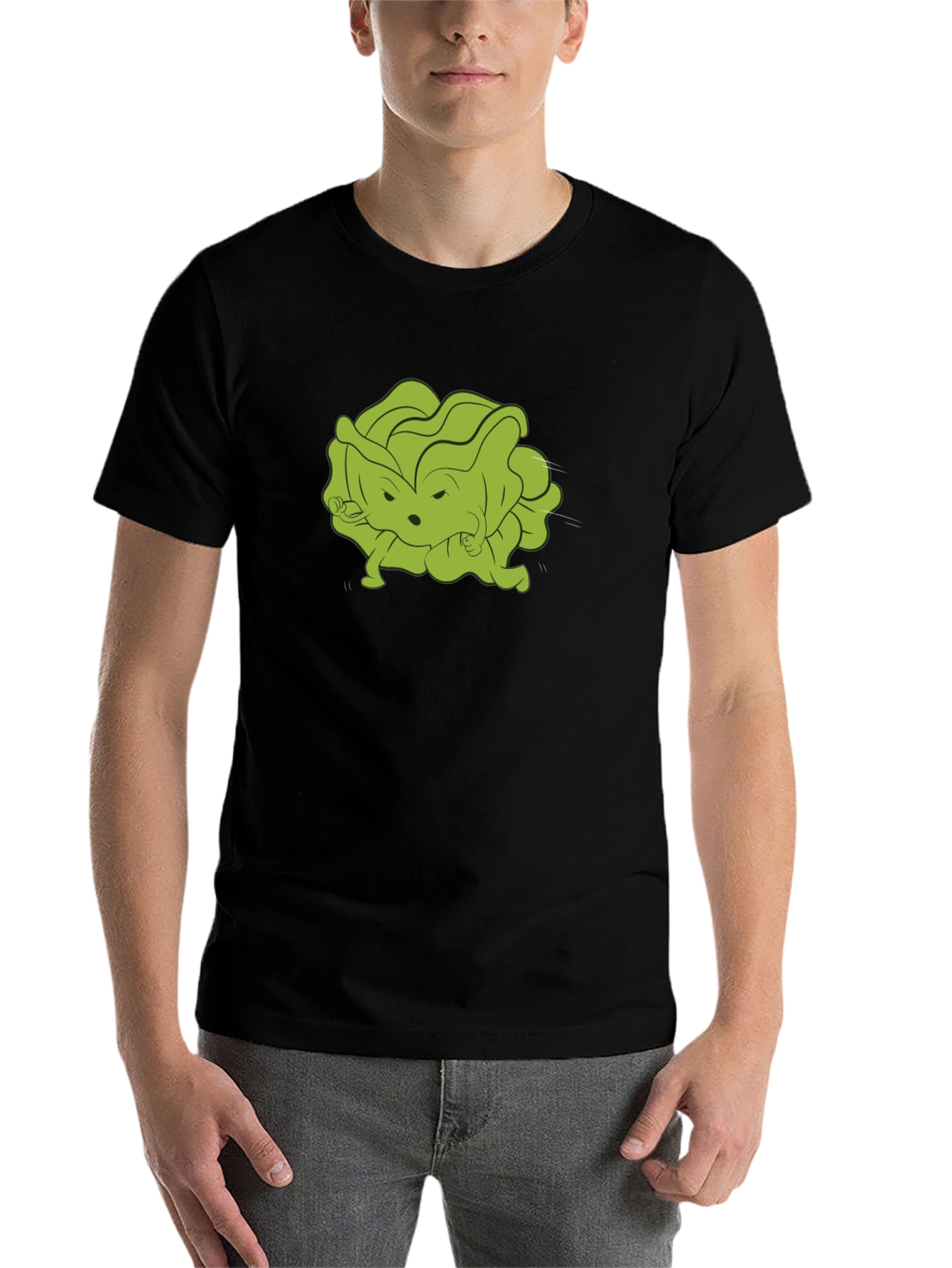 Black Funny Cartoon Lettuce Character Black T-Shirt view 7