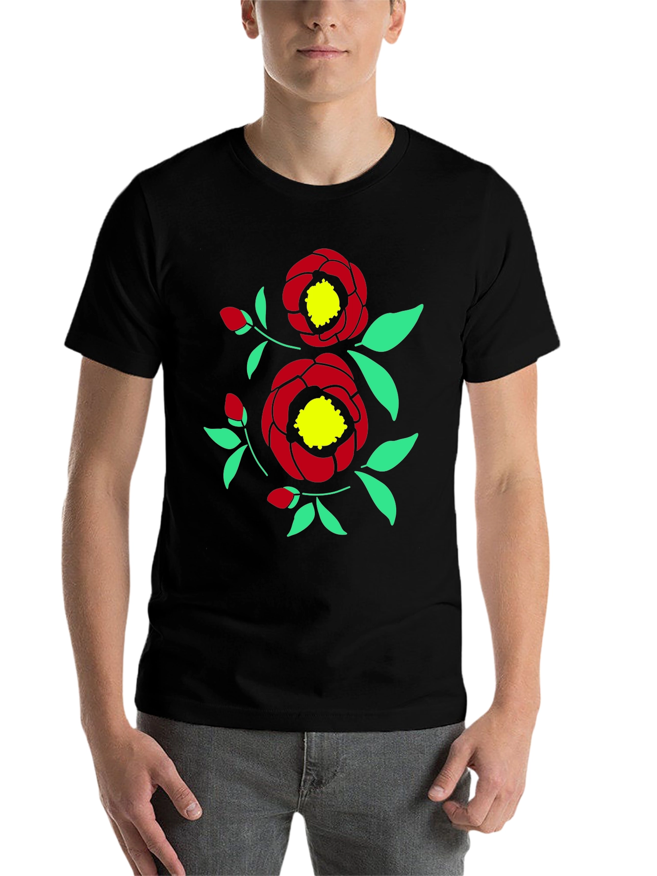 Black Floral Print Tee - Black Cotton Casual view 7