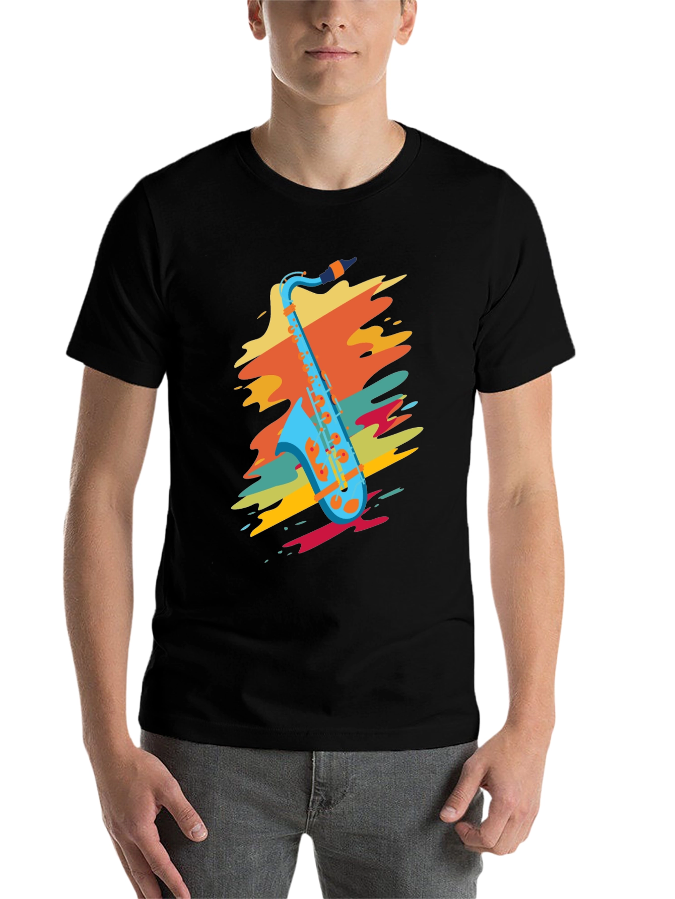 Black Stylish Saxophone Graphic T-Shirt view 7