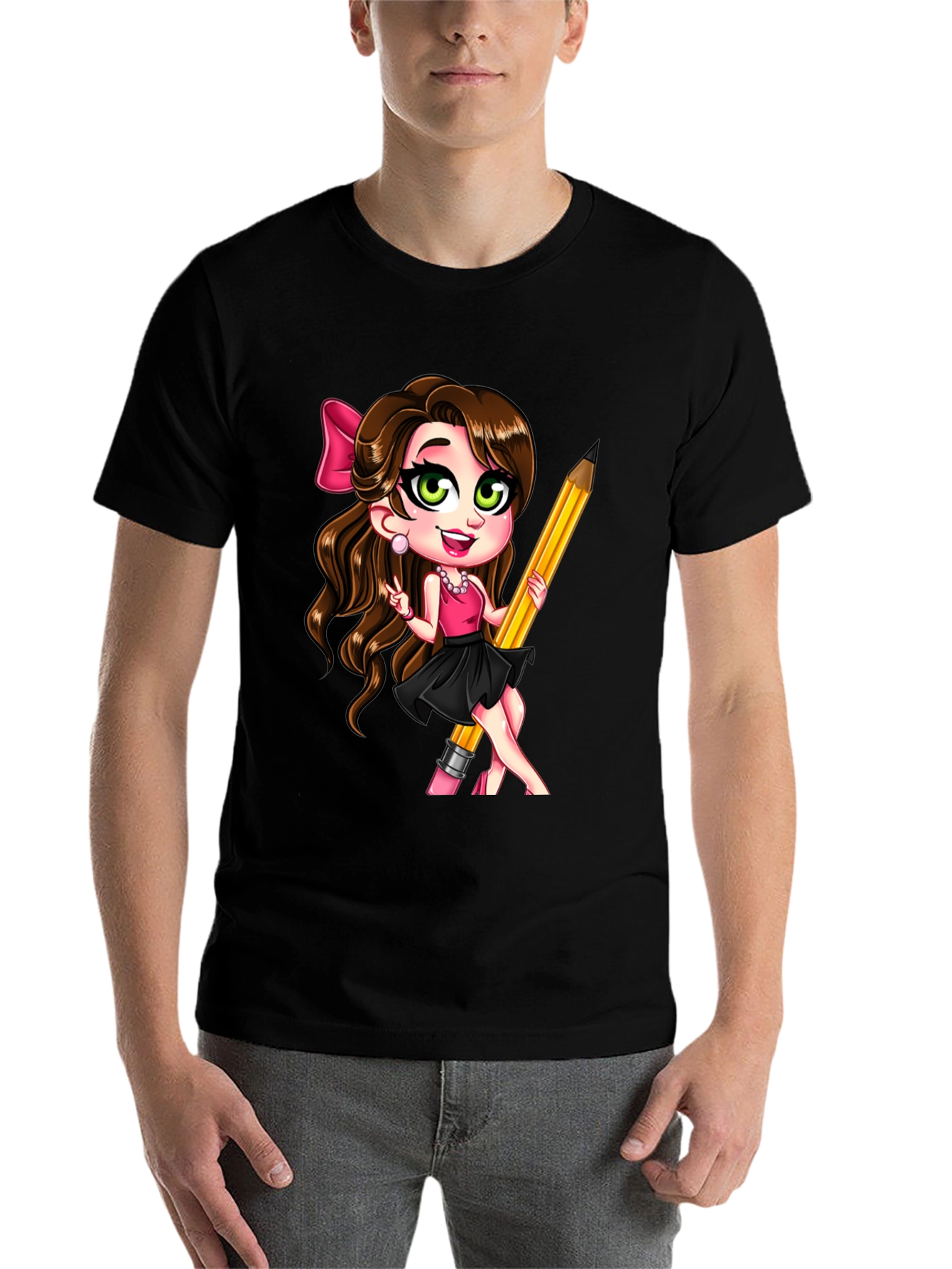 Black Fun Cartoon Girl with Pencil Black T-Shirt view 7