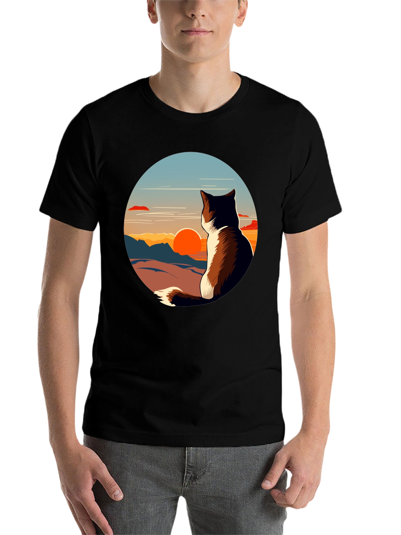 Black Sunset Cat Graphic Tee - Unisex Black T-Shirt view 7