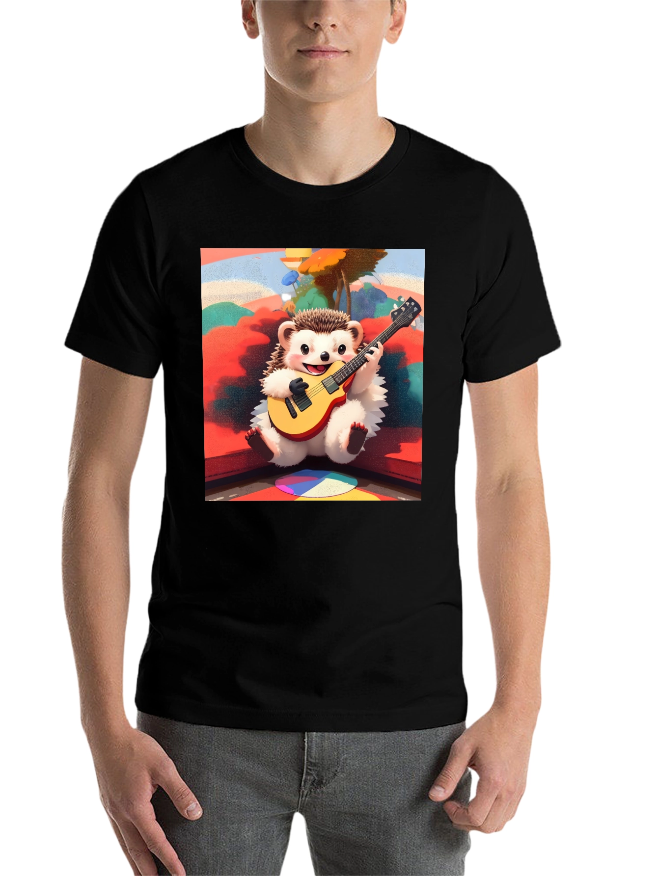 Black Playful Hedgehog Guitarist Graphic Tee view 7