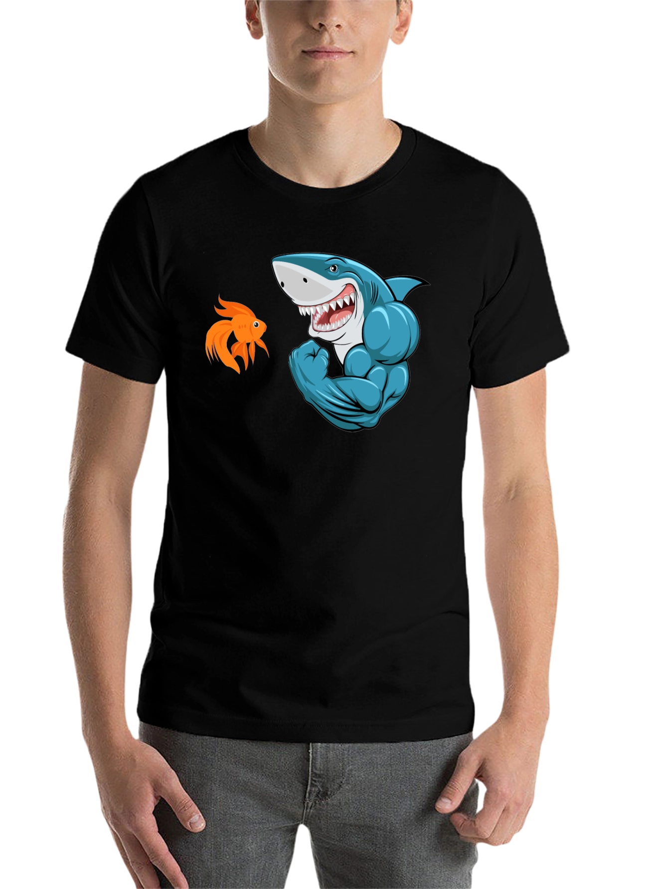 Black Funny Shark vs Goldfish Graphic Tee view 7