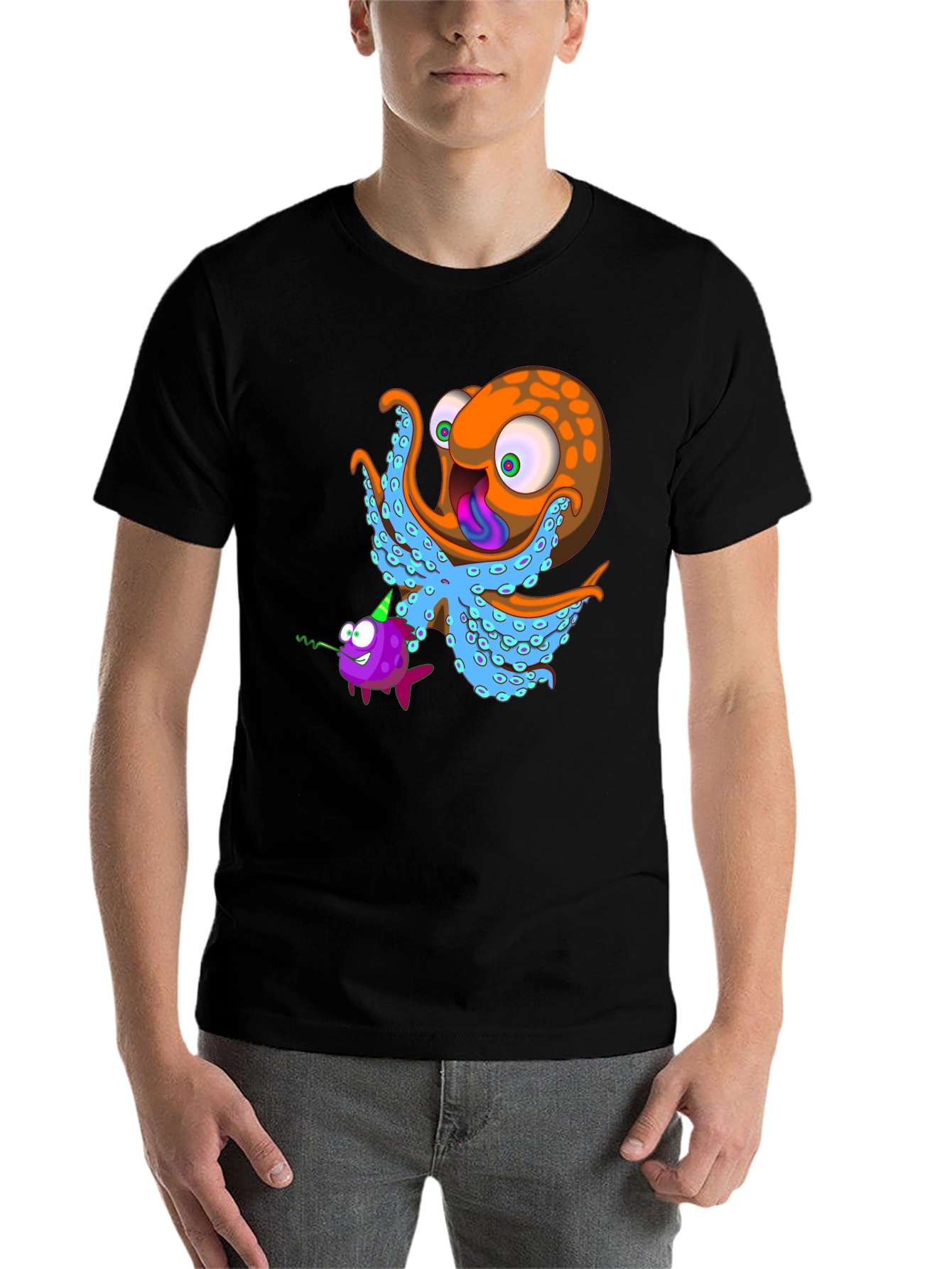 Black Octopus & Fish Graphic Tee - Unique Cartoon Design view 7