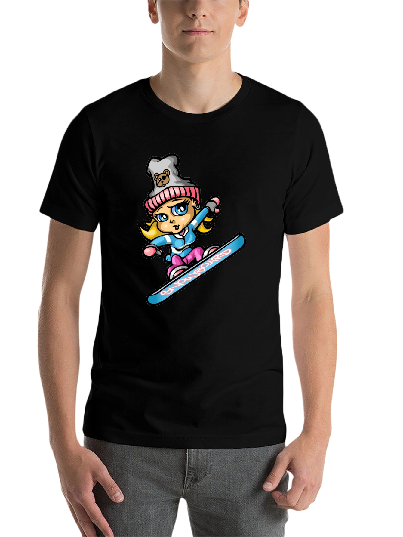 Black Snowboard Girl T-Shirt - Cartoon Graphic Tee view 7