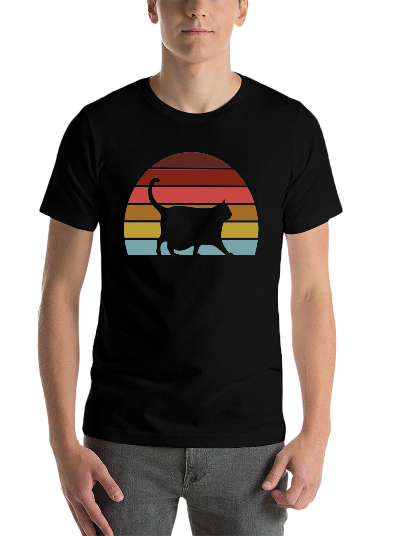 Black Retro Cat Sunset T-Shirt - Classic Design view 7